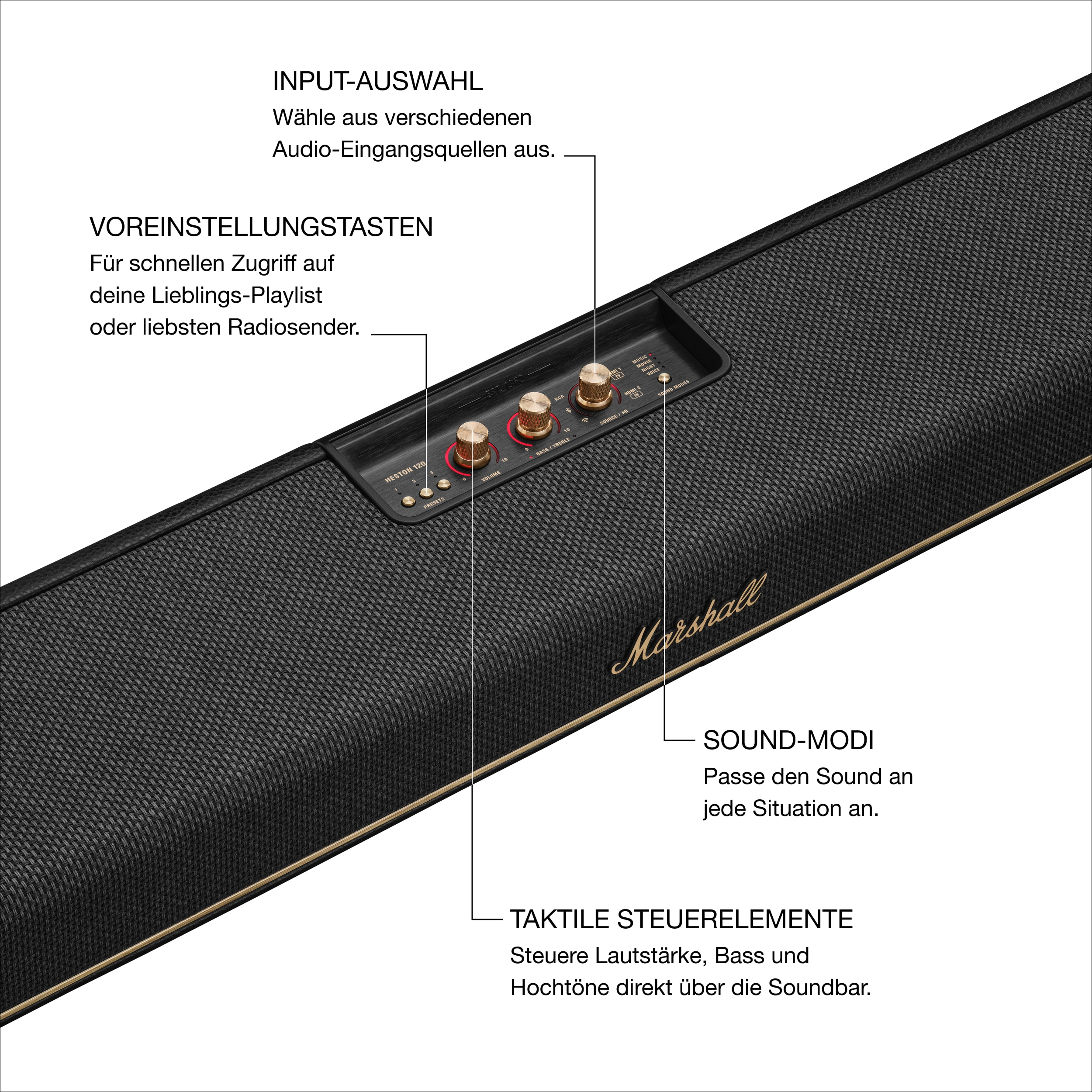 Schwarze Soundbar mit goldenen Akzenten. Mit Lautstärke-, Bass- und Höhenreglern. Beschriftete Abschnitte: Eingang, Voreinstellungen.