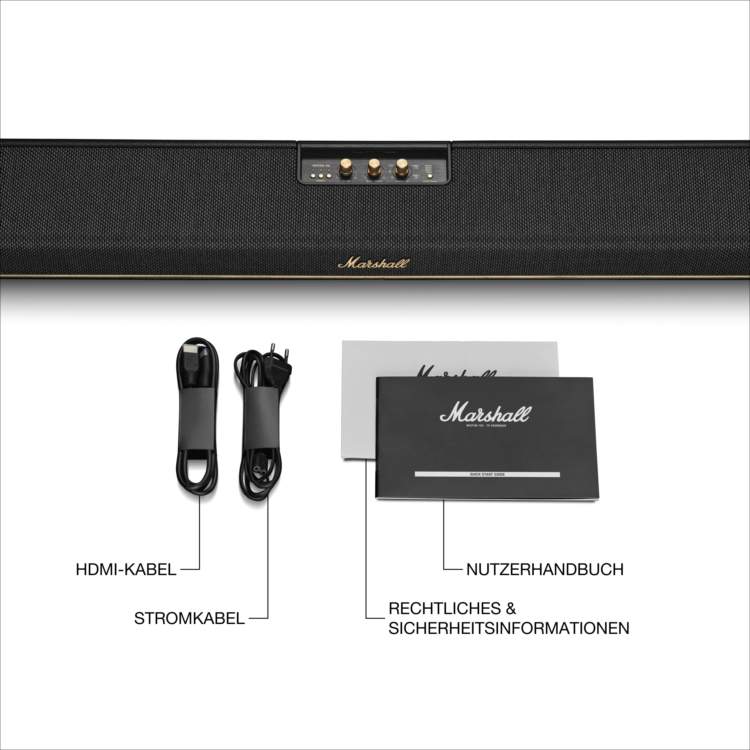 Auf weißem Untergrund befinden sich eine schwarze Soundbar, Kabel und Handbücher. Die Soundbar hat goldene Akzente und Marshall-Branding.