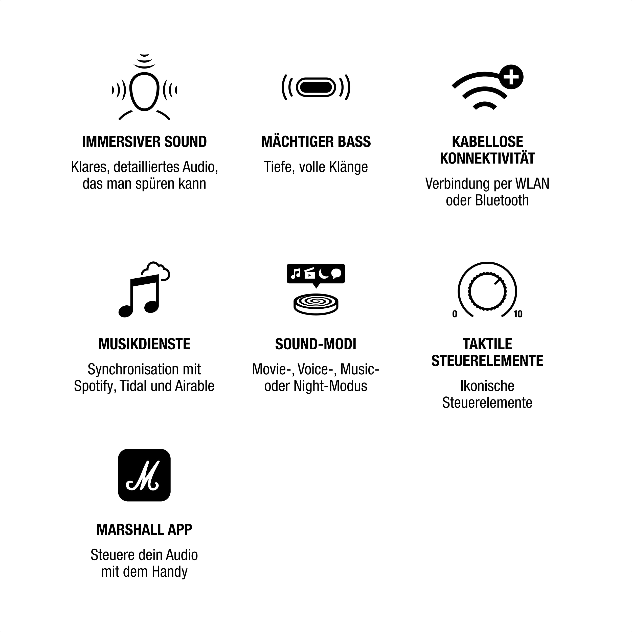 Das Bild zeigt Symbole für immersiven Sound, Bass, Konnektivität, Musikdienste, Soundmodi, Bedienelemente und die Marshall-App.