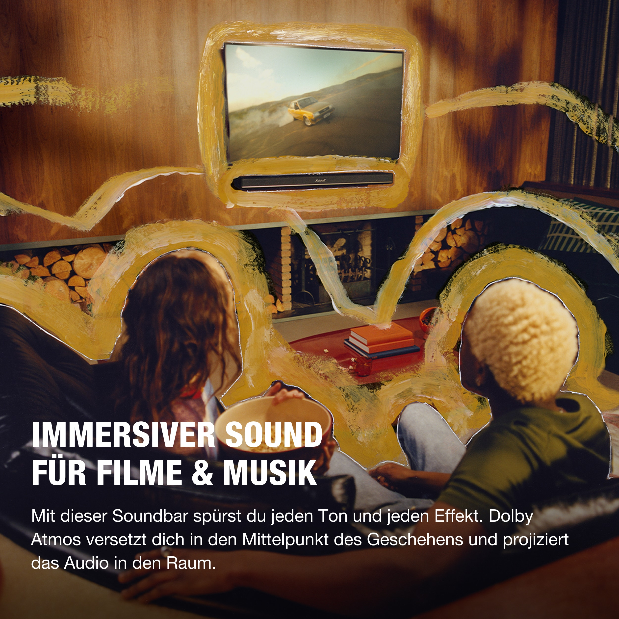 Ein Fernseher mit einem gelben Auto, zwei Personen, Popcorn und Text. Die Szene ist von gelber Farbe umgeben.