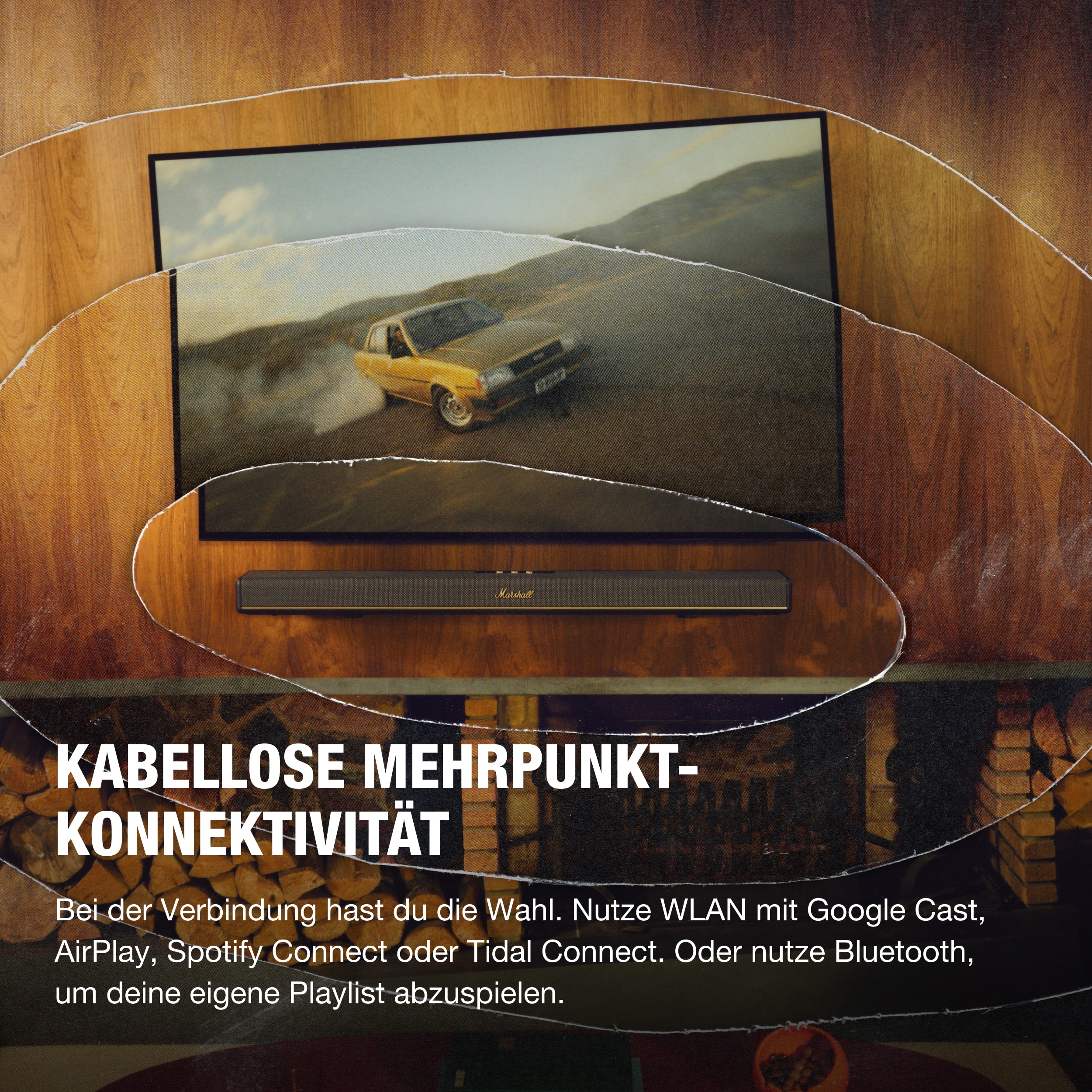 Das Bild zeigt ein Oldtimer-Auto auf einem Bildschirm, eine Soundbar und Text über drahtlose Konnektivität, alles auf Holzmaserung.