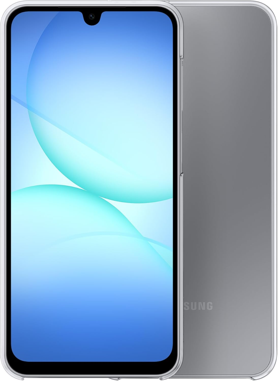 Ein Smartphone in einer transparenten Hülle. Der Bildschirm zeigt blaue und weiße Farbverläufe. Die Rückseite ist grau mit dem Samsung-Logo.