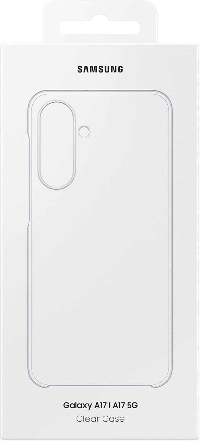 Eine weiße Schachtel mit einer Umrisslinie einer transparenten Handyhülle. Das Samsung-Logo steht oben. Text: Galaxy A17 | A17 5G Clear Case.