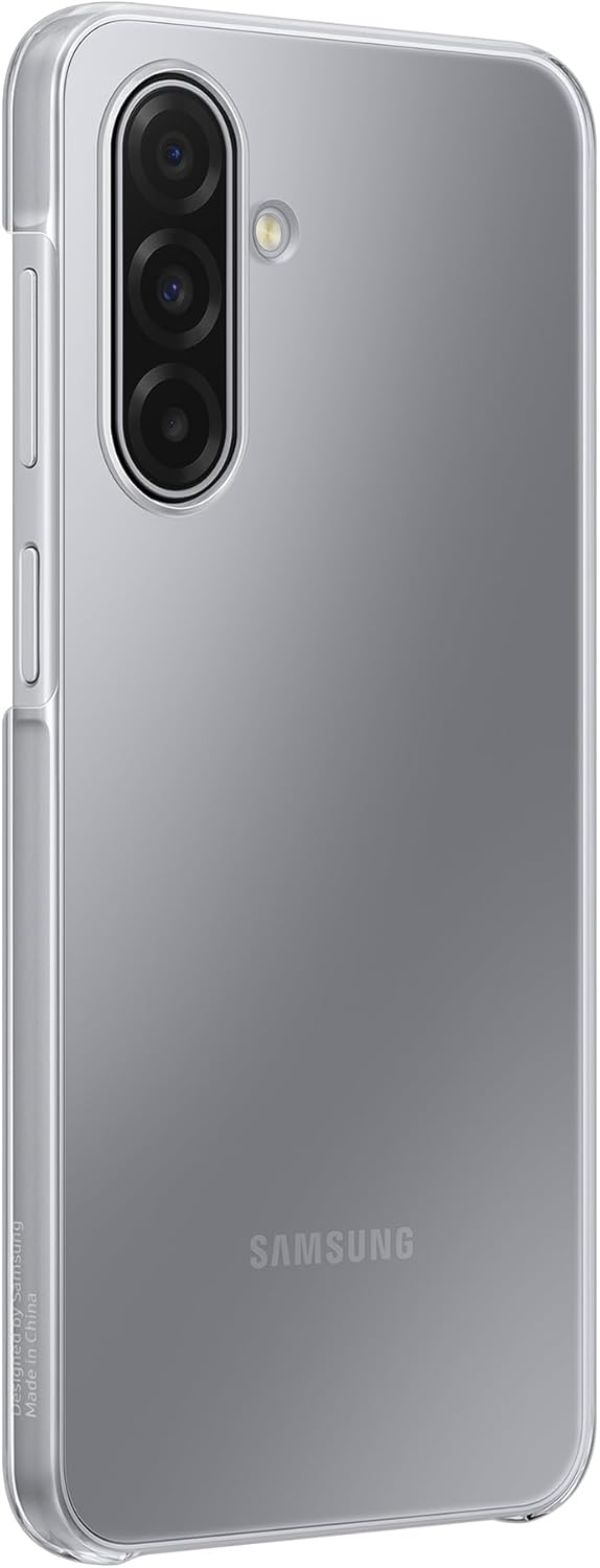 Graues Smartphone in einer transparenten Hülle. Merkmale: Dreifach-Kamera, Blitz und Samsung-Logo. Hergestellt in China.