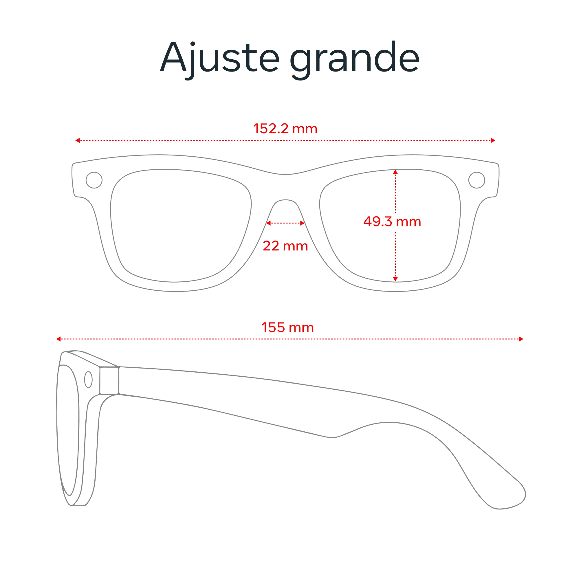 Un diagrama muestra gafas de sol con dimensiones: 152,2 mm, 49,3 mm, 22 mm y 155 mm. Texto: 'Ajuste grande'.