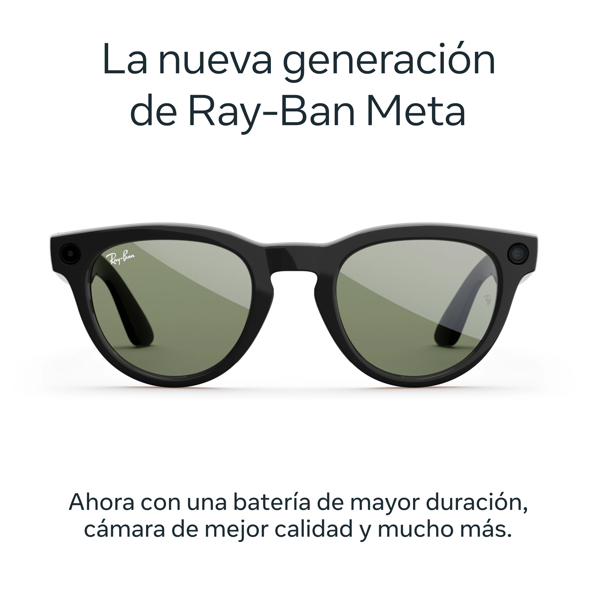 Gafas de sol Ray-Ban Meta negras con lentes verdes sobre fondo blanco. Texto arriba: 'La nueva generación de Ray-Ban Meta'.