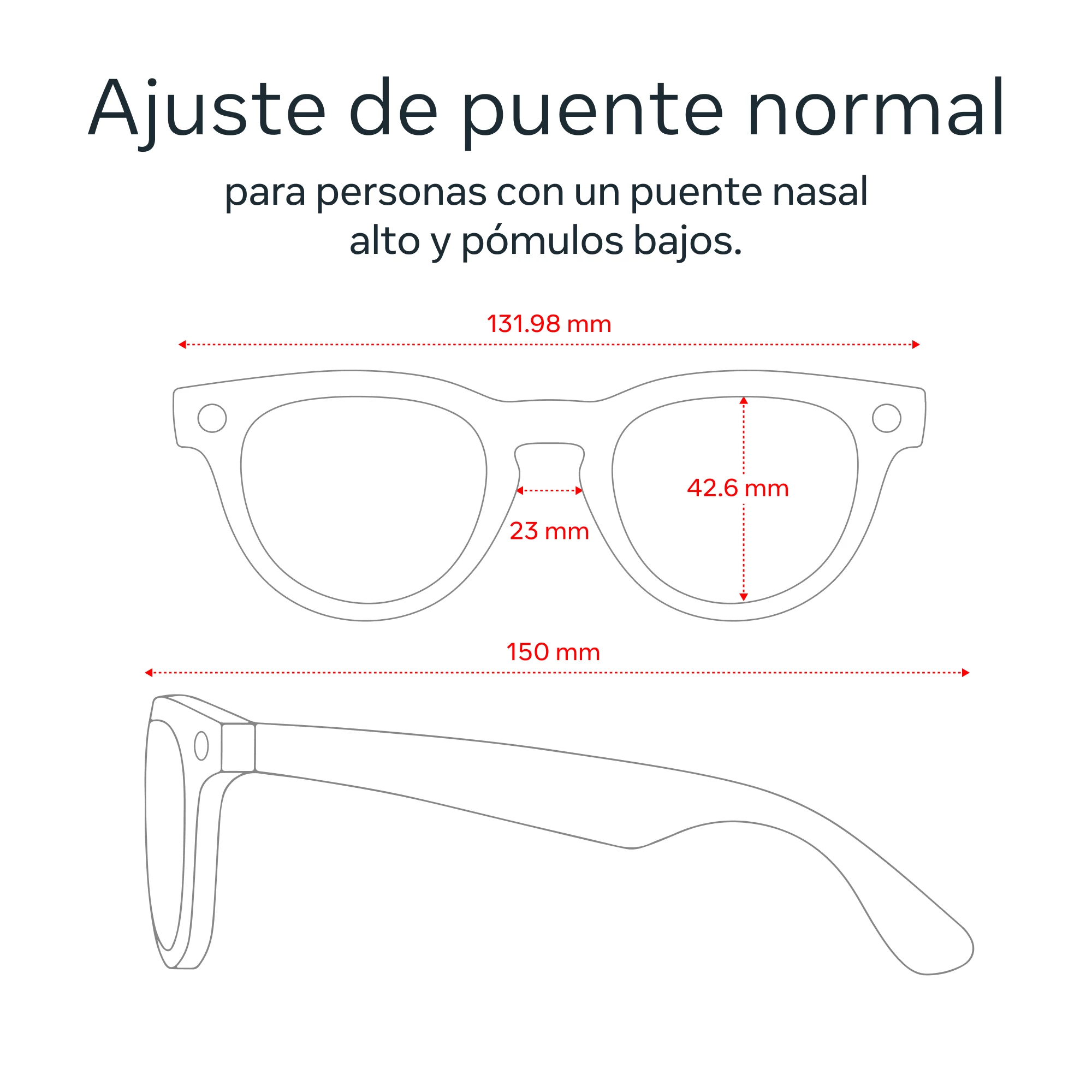 Diagrama de gafas con medidas. Texto: ajuste de puente normal para personas con puente nasal alto y pómulos bajos.