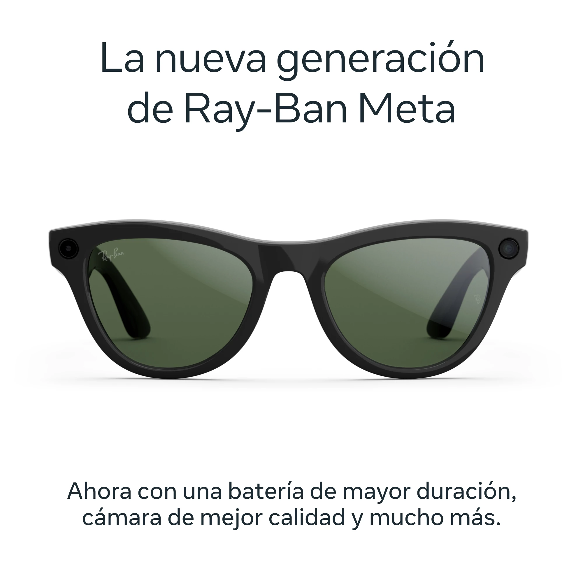 Gafas inteligentes Ray-Ban Meta negras. Texto: 'La nueva generación de Ray-Ban Meta' y características.