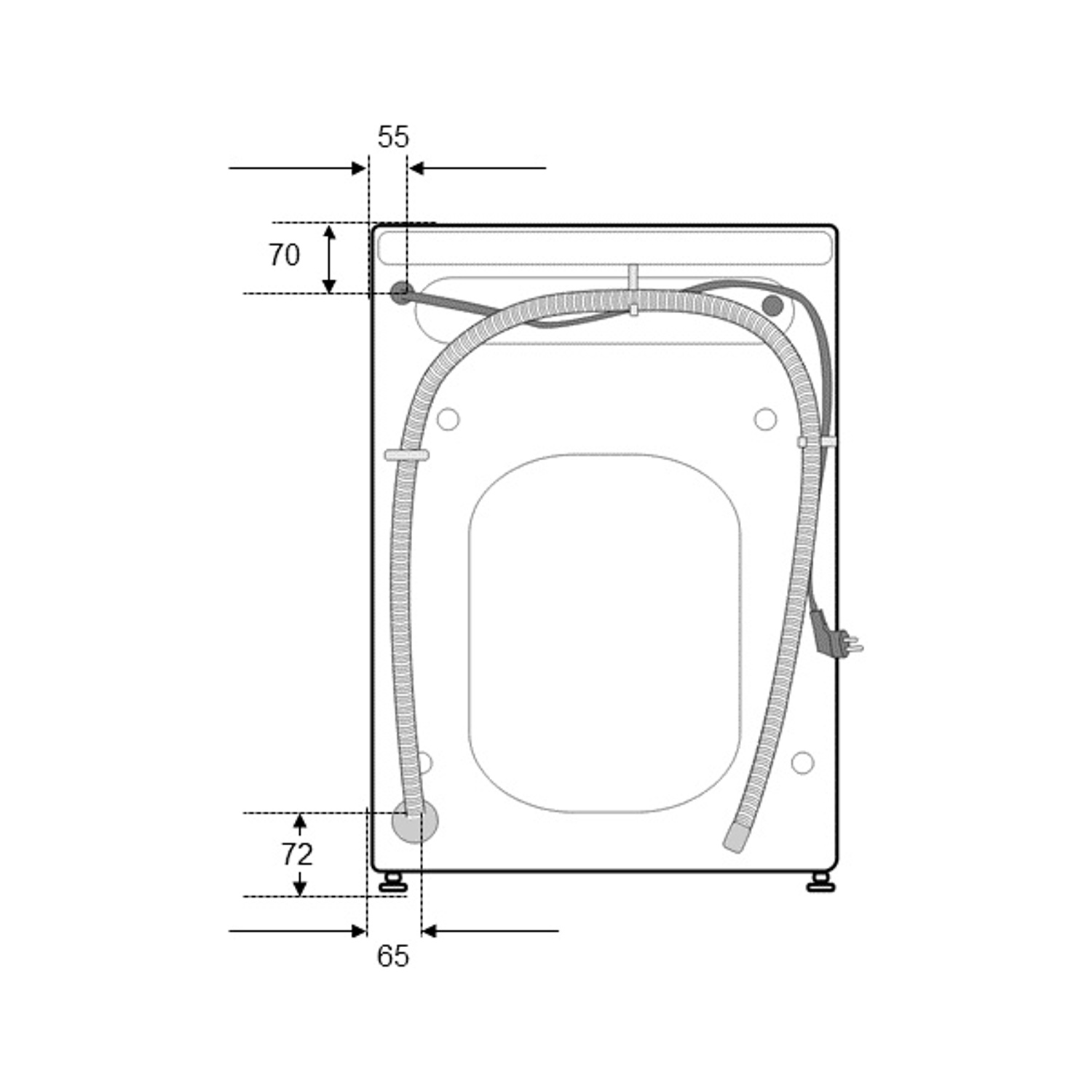 Diagramma di una lavatrice vista da dietro, con dimensioni. Visibili tubi e spina. Sfondo bianco.