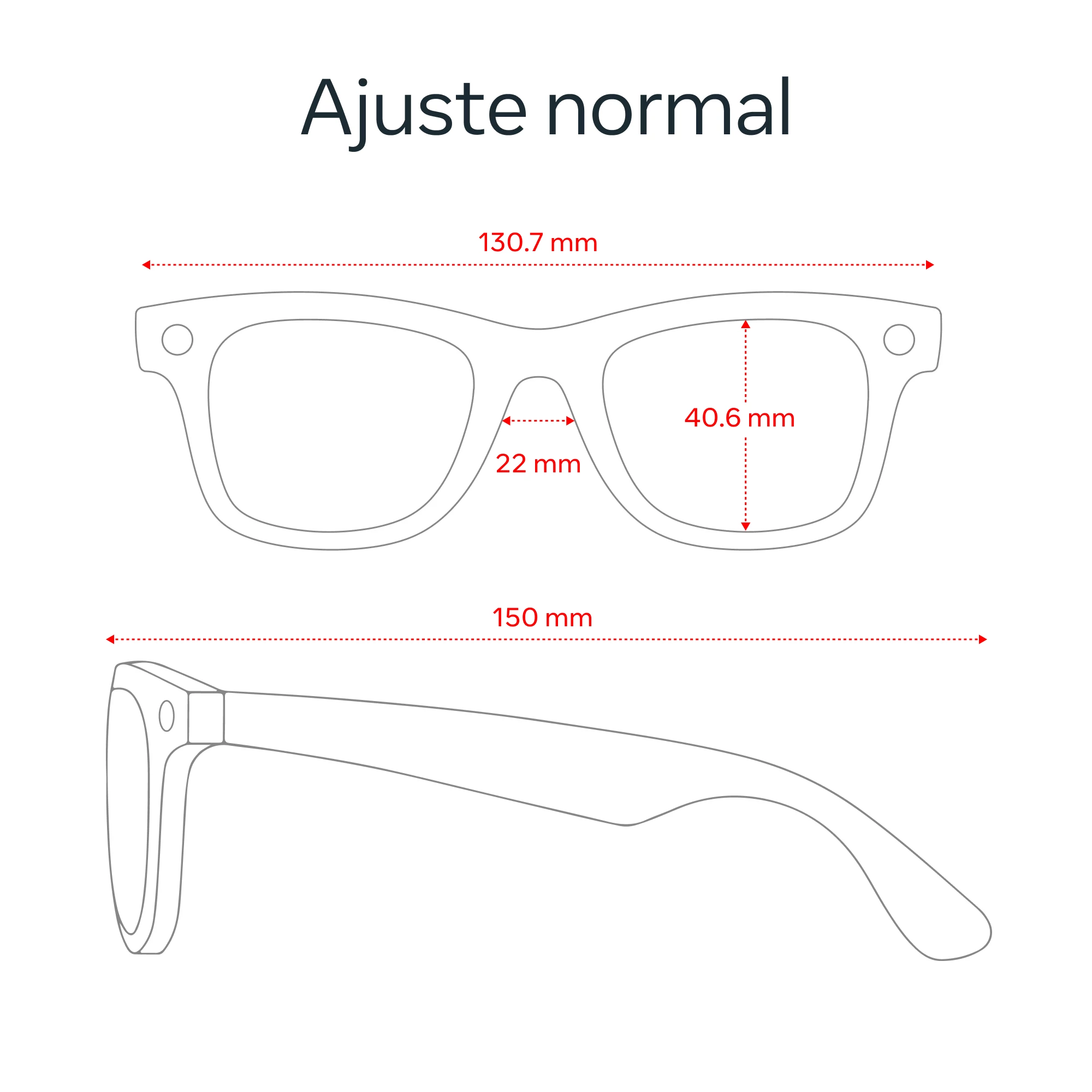 Diagrama de gafas de sol con medidas: 130,7 mm de ancho, 40,6 mm de altura de lente, 22 mm de puente y 150 mm de varilla.