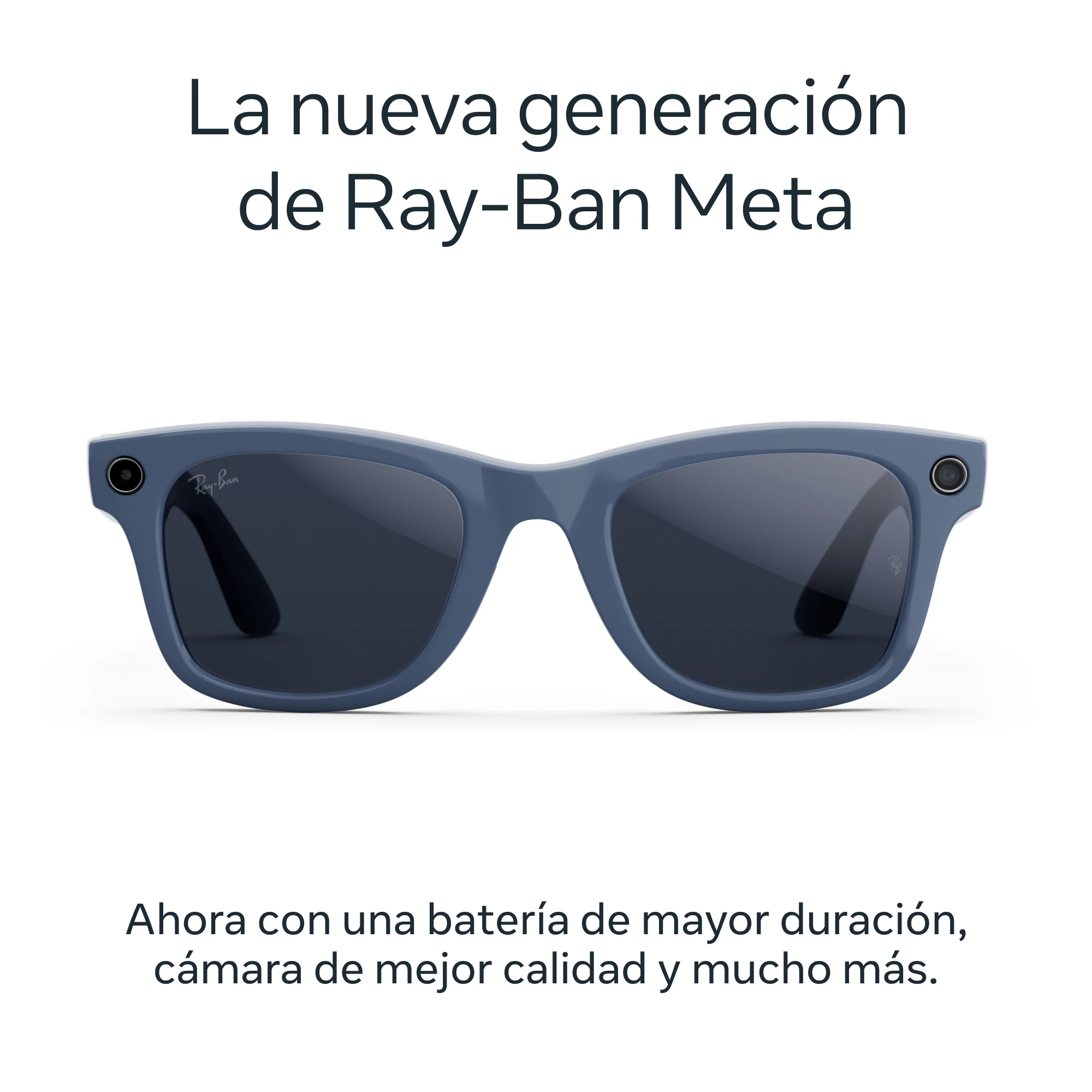 Gafas inteligentes azules Ray-Ban Meta. Texto: 'La nueva generación de Ray-Ban Meta.' También texto sobre batería y cámara.