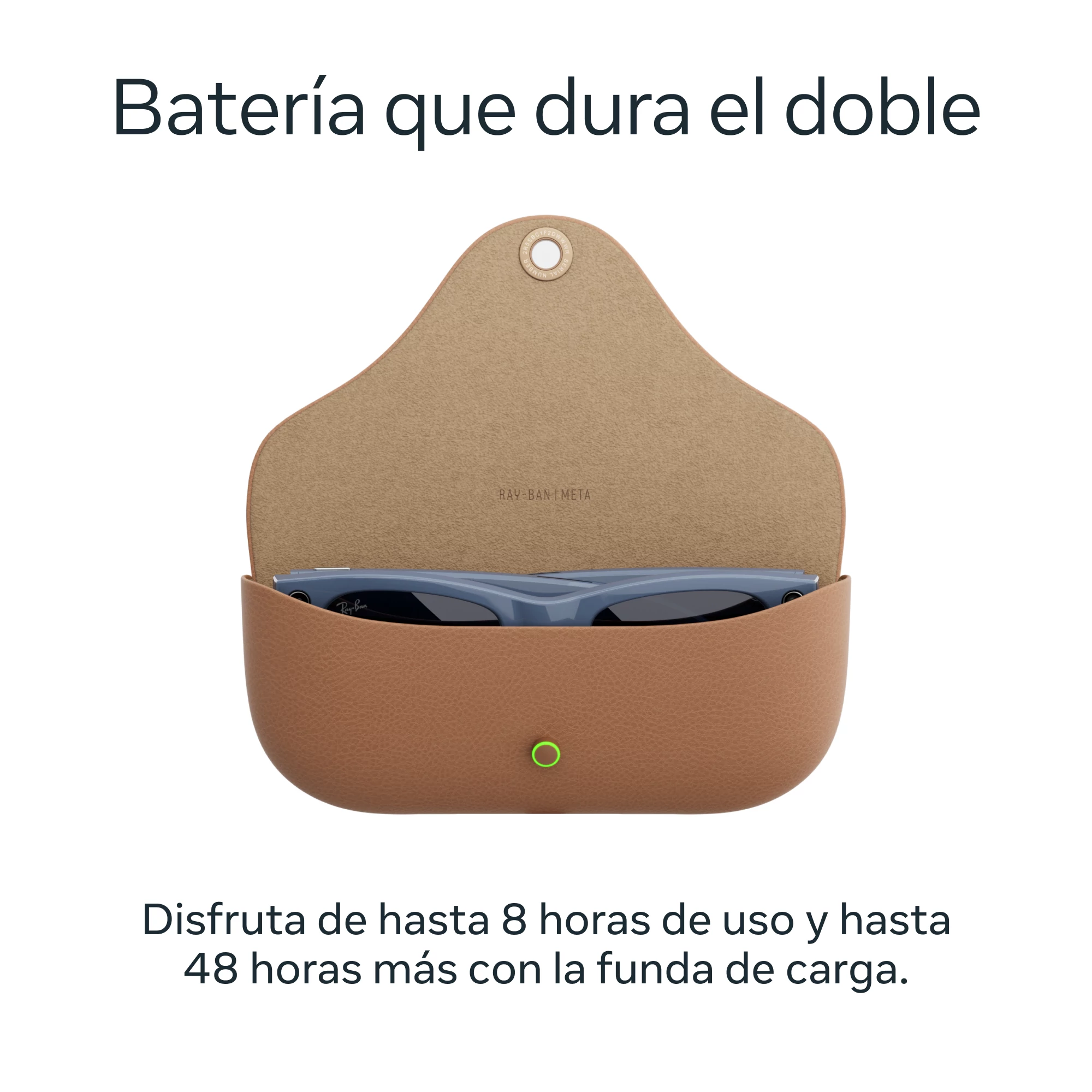 Un estuche marrón con gafas de sol dentro. El texto superior dice 'Batería que dura el doble'.