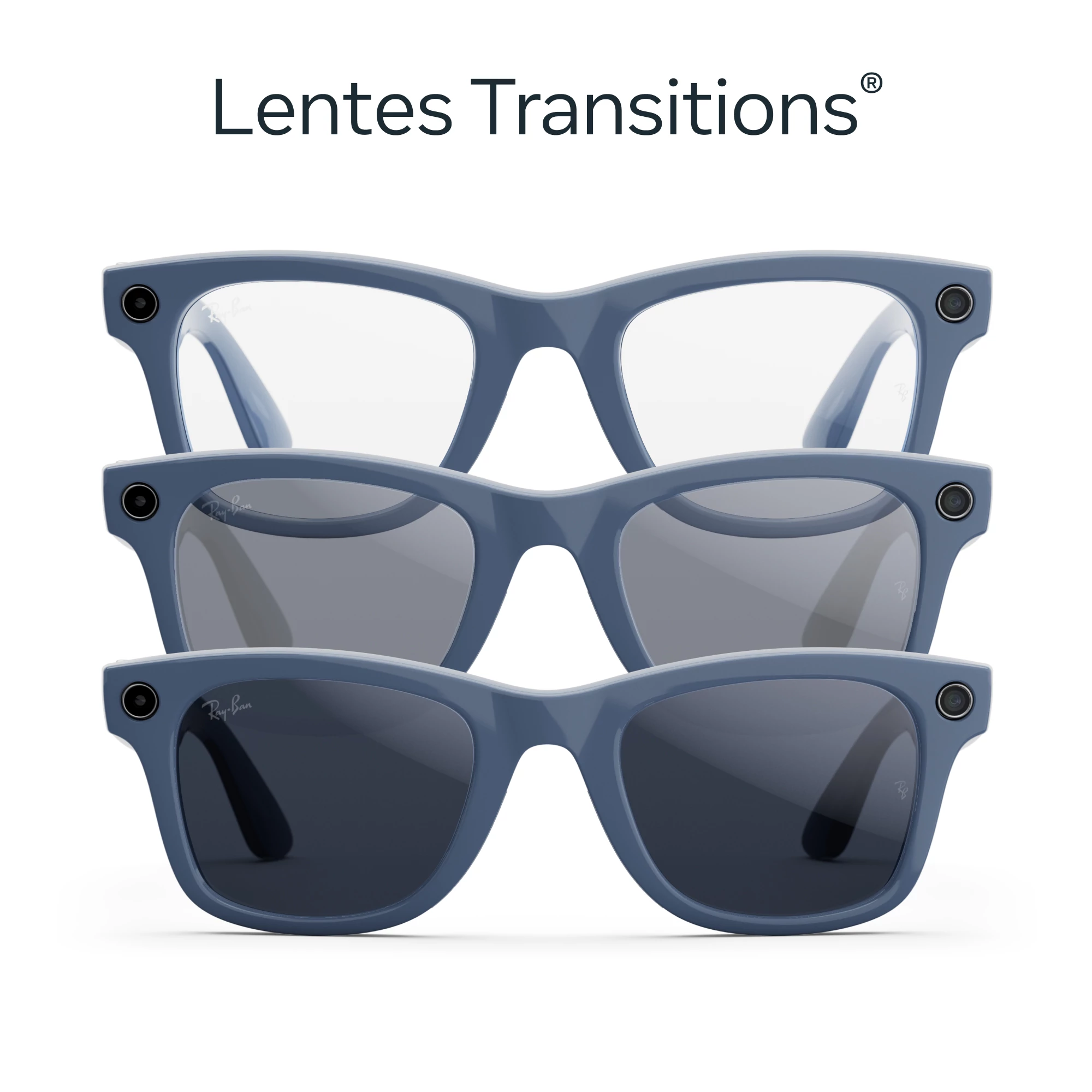 Tres pares de gafas Ray-Ban azules que muestran transiciones de lente de claro a oscuro. Texto 'Lentes Transitions' arriba.