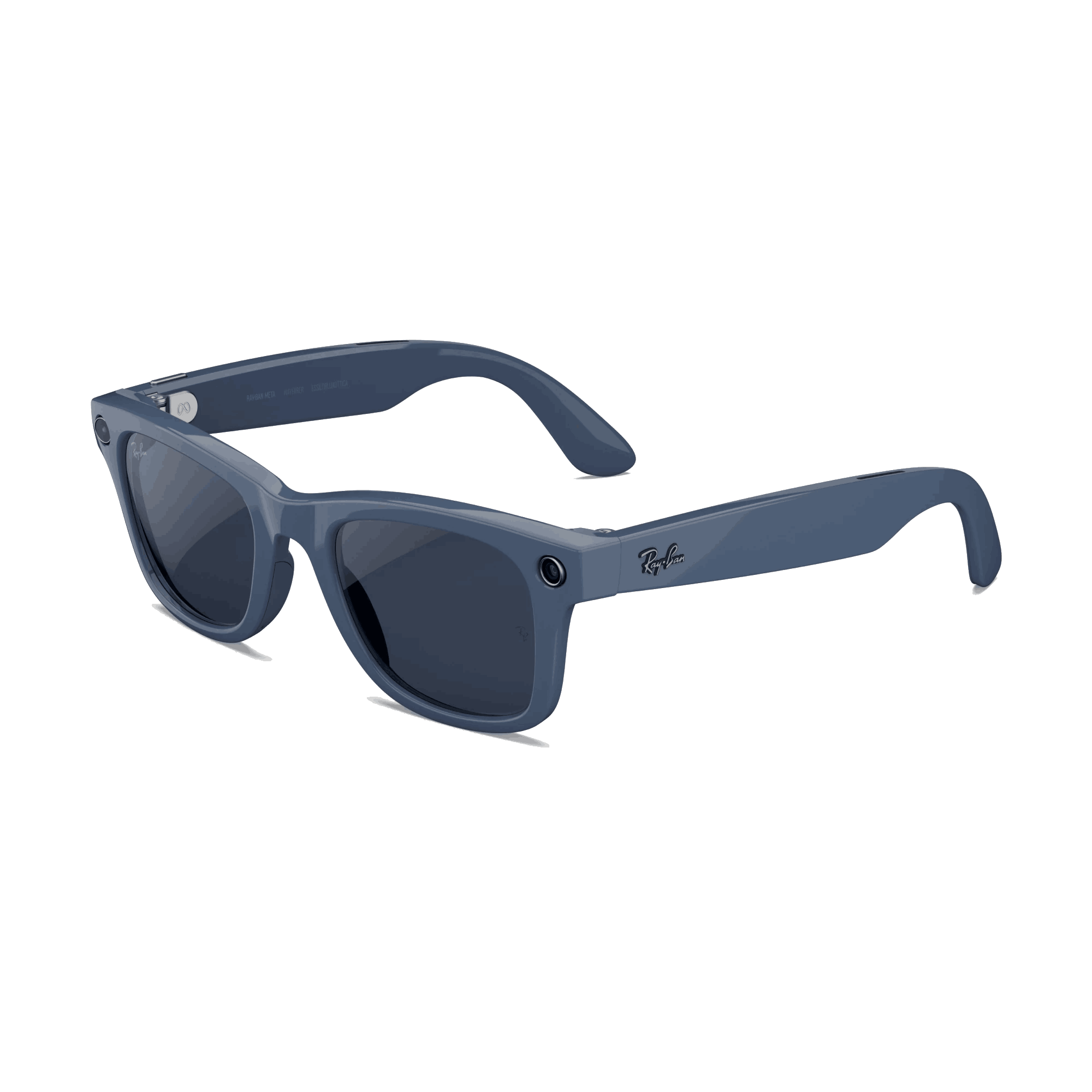 Gafas de sol Ray-Ban azules sobre fondo negro. Son estilo Wayfarer, con un pequeño logotipo de Ray-Ban en la montura.