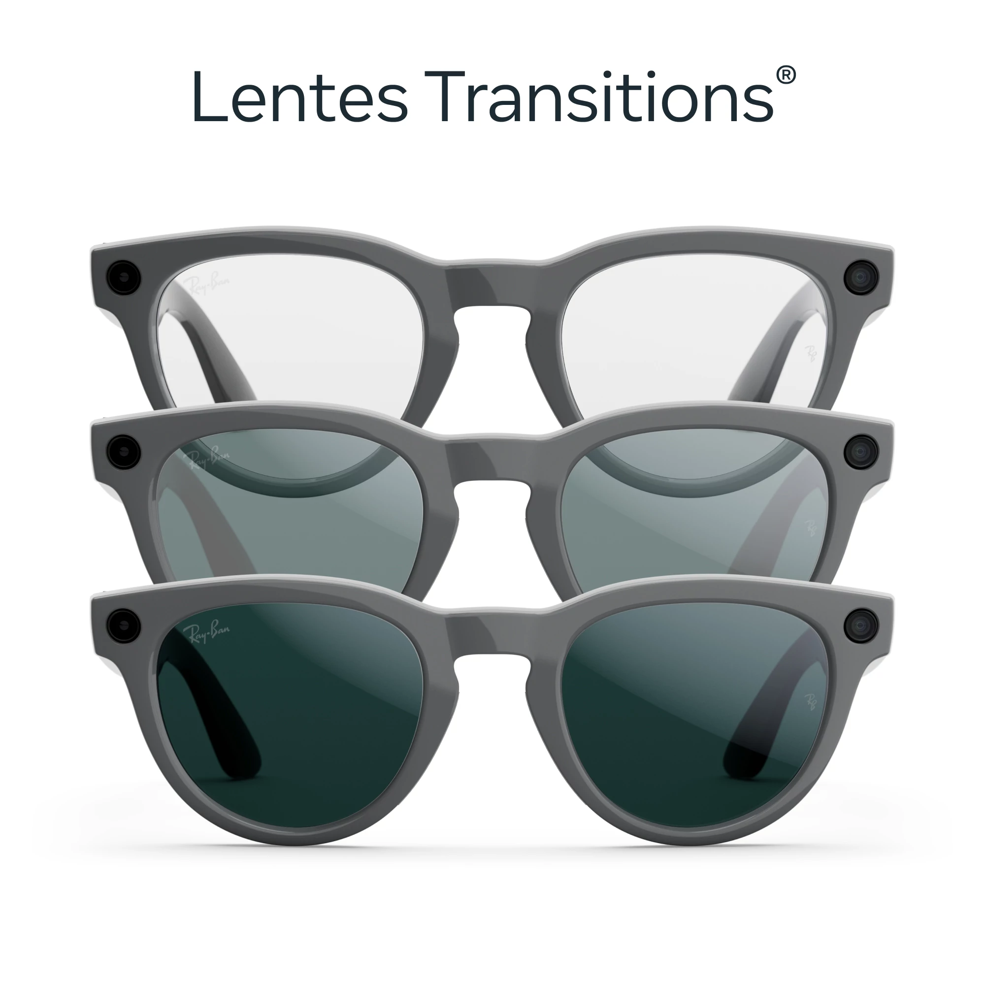 Tres pares de gafas inteligentes Ray-Ban con lentes de transición. El superior es claro, el medio tintado, el inferior oscuro.