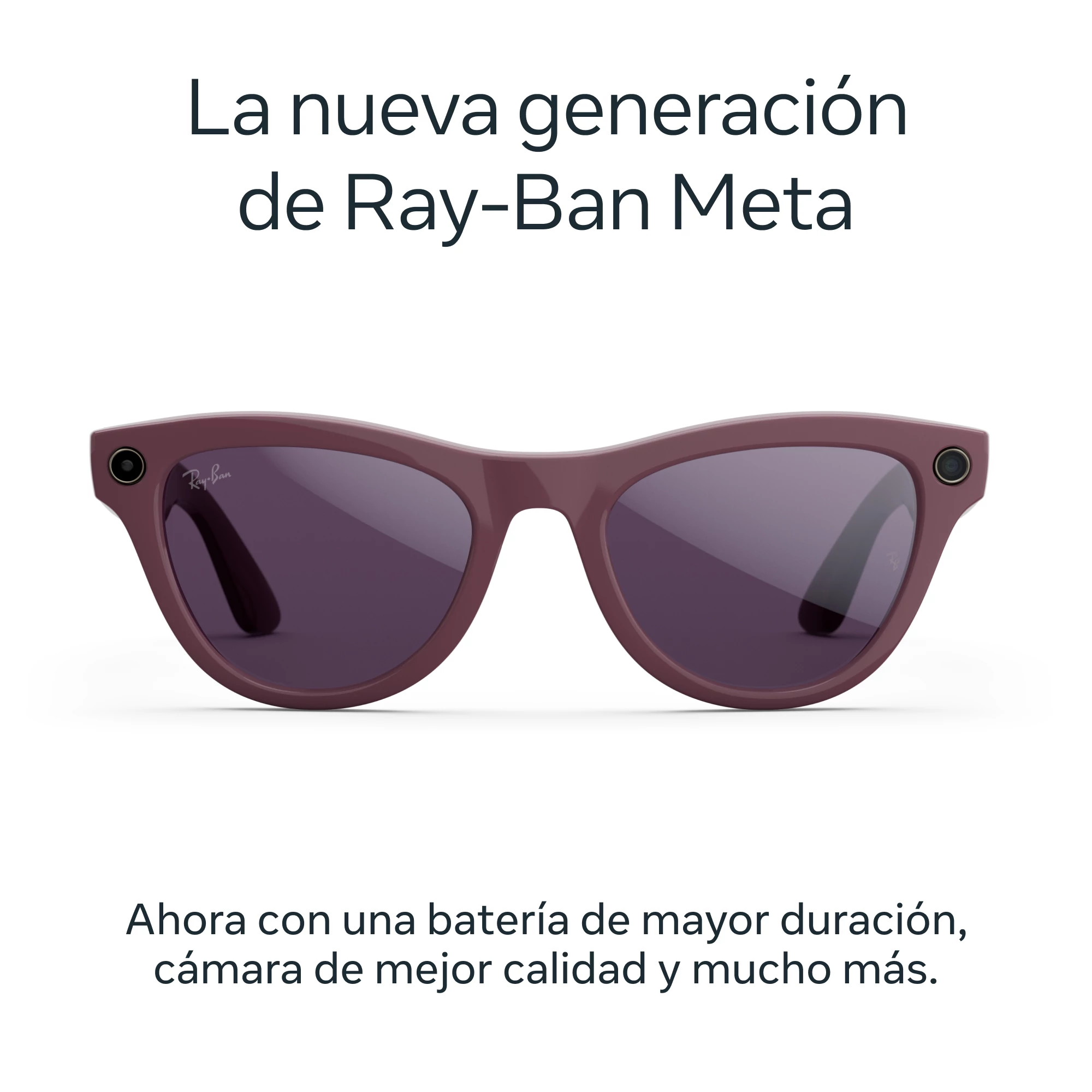 Gafas de sol Ray-Ban Meta, montura burdeos, lentes oscuras. Texto: 'La nueva generación de Ray-Ban Meta'.