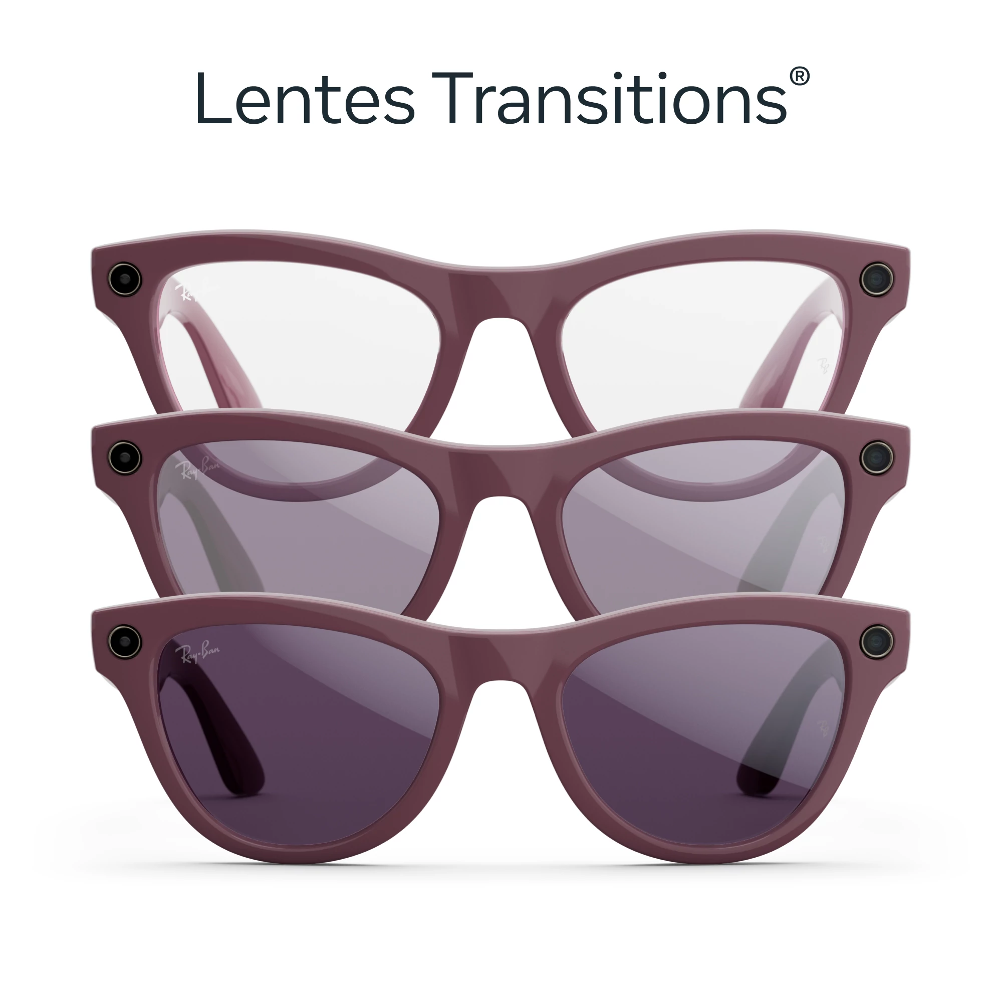 Tres gafas de sol de transición en tonos morados, logo Ray-Ban, fondo blanco.