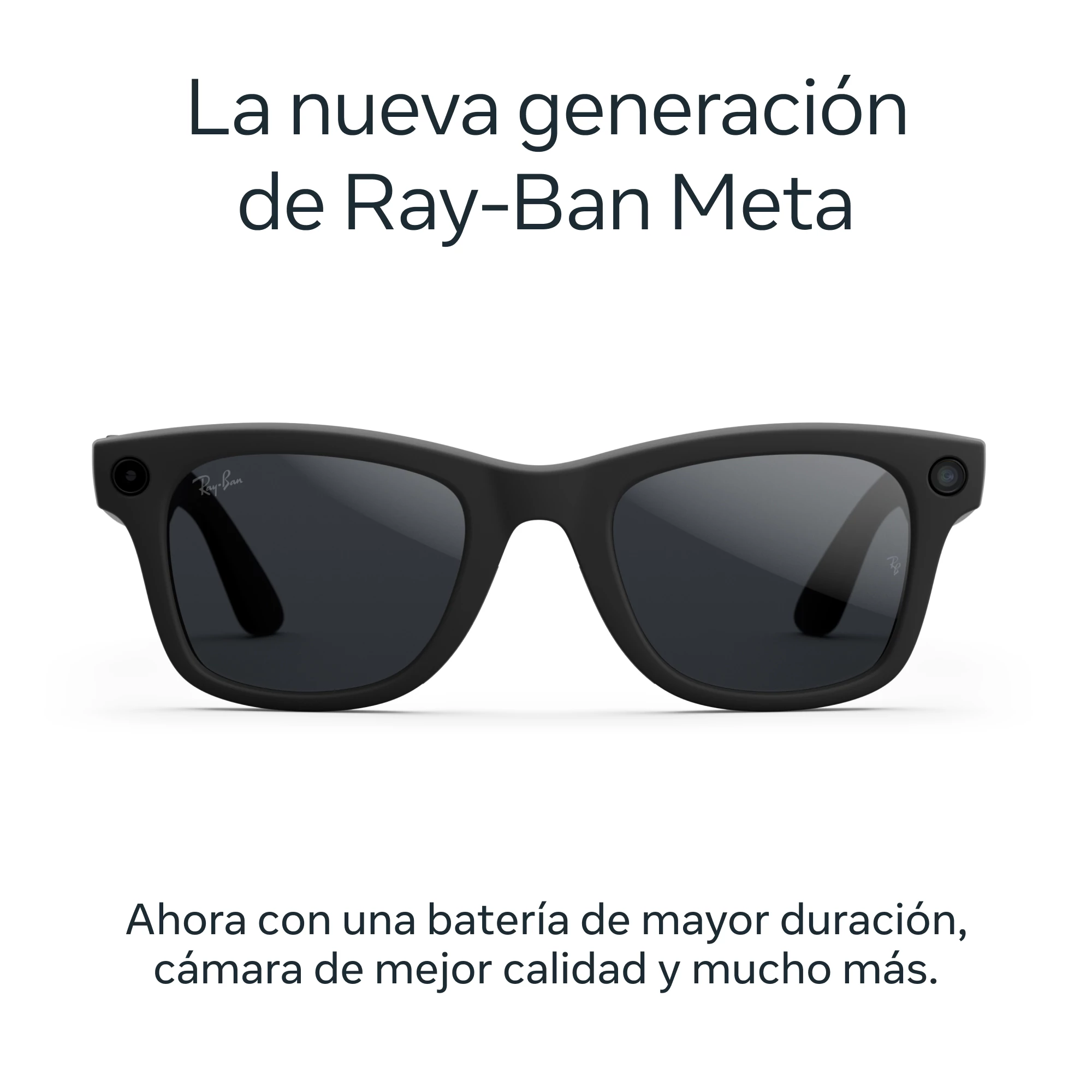 Gafas de sol negras Ray-Ban Meta, con texto arriba y abajo. El texto dice 'La nueva generación de Ray-Ban Meta'.