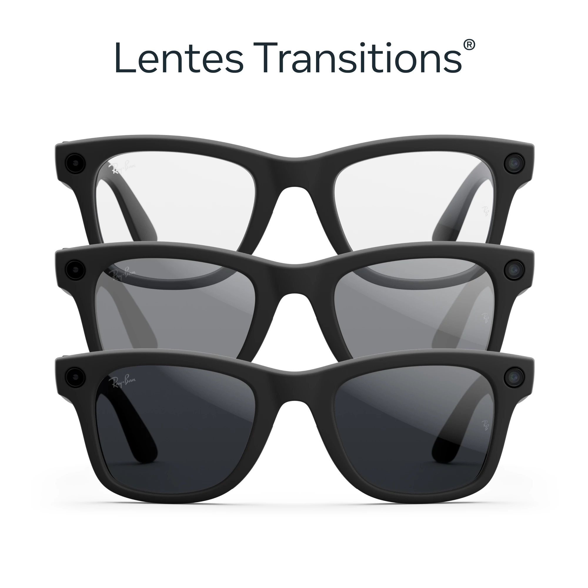 Tres pares de gafas inteligentes Ray-Ban negras con lentes que transicionan de claro a oscuro.