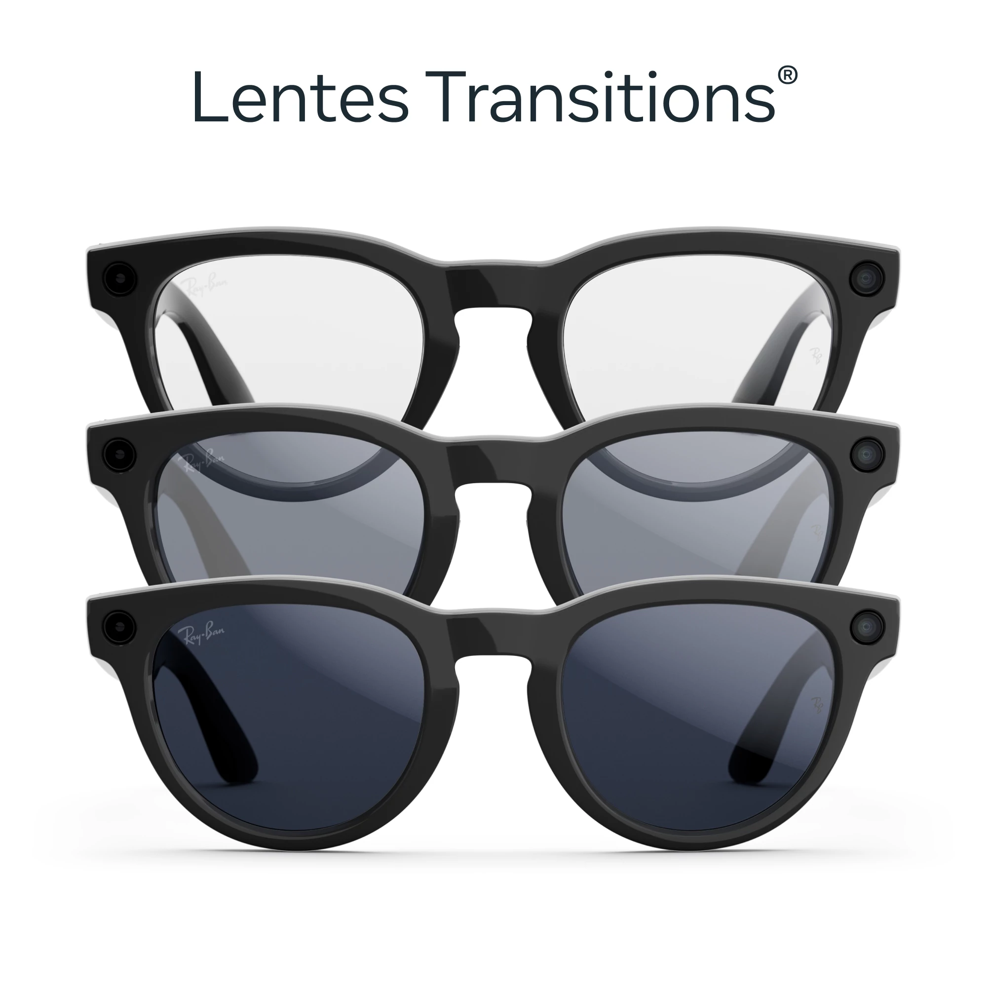 Tres pares de gafas inteligentes Ray-Ban con lentes que cambian de transparente a oscuro. Monturas negras. Fondo blanco.