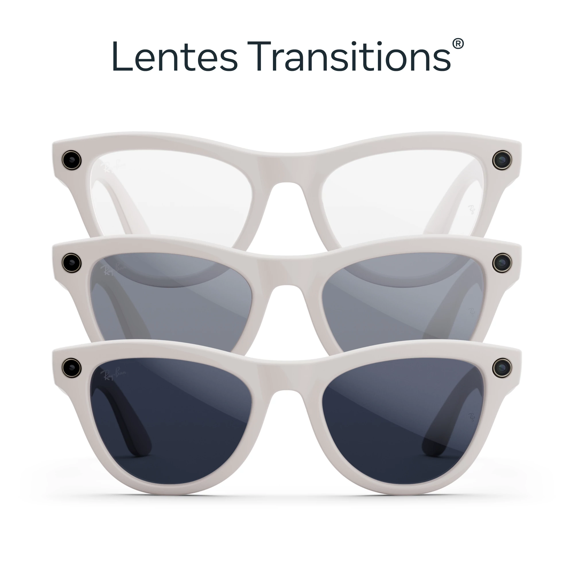 Tres pares de gafas Ray-Ban con montura blanca, con lentes que cambian de transparente a gris oscuro y negro.