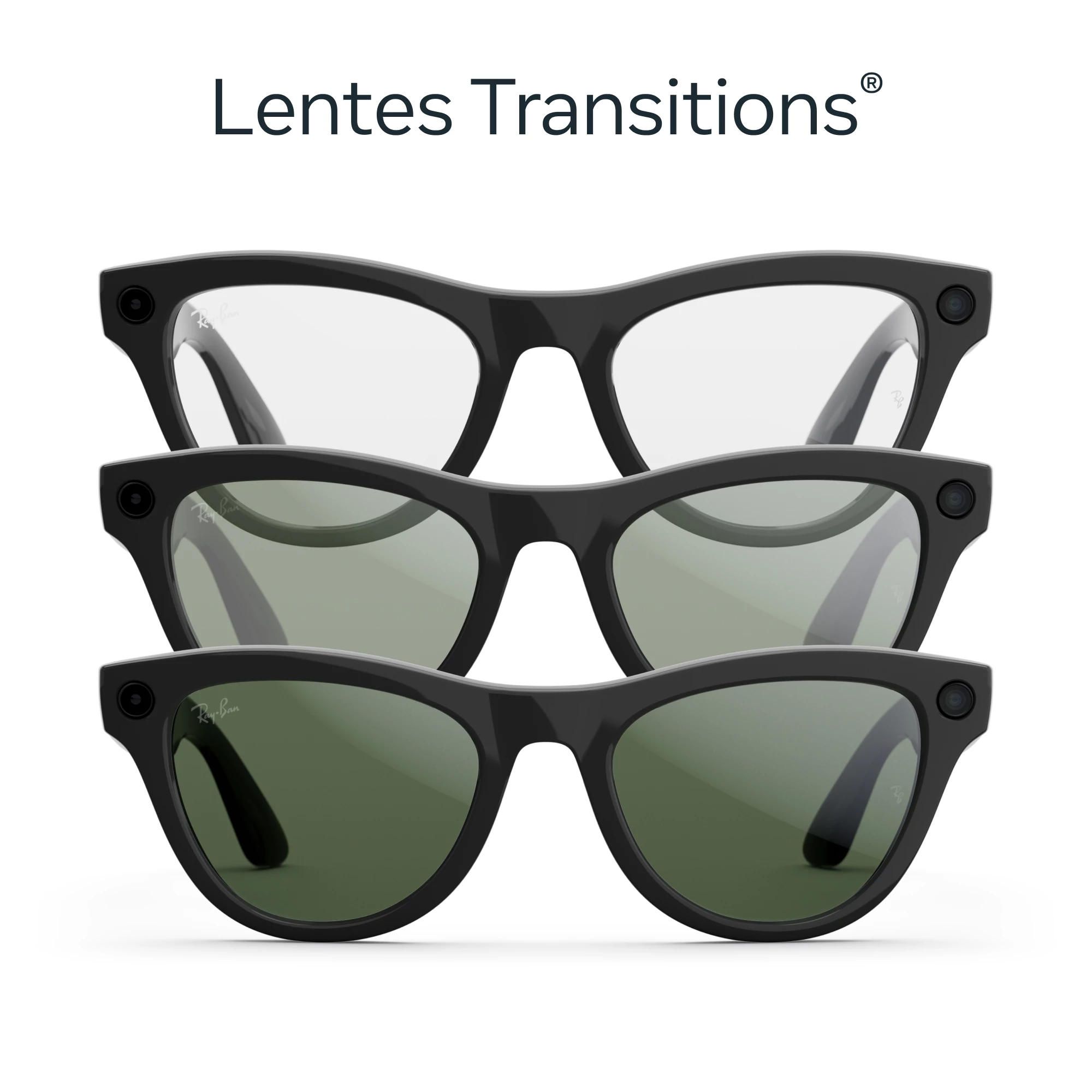 Tres pares de gafas inteligentes Ray-Ban negras con diferentes tonos de lentes: transparente, gris y verde oscuro, sobre fondo blanco.