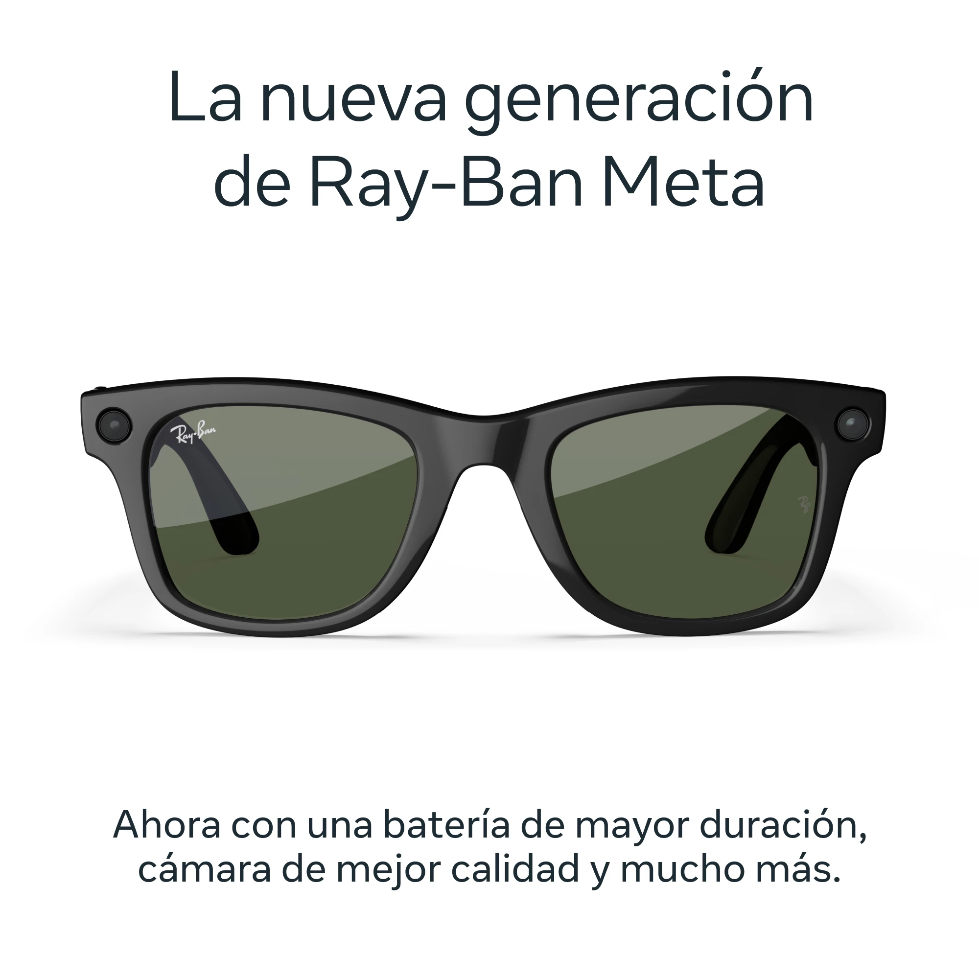 Gafas inteligentes Ray-Ban Meta negras con lentes verdes. Texto superior: 'La nueva generación de Ray-Ban Meta'.