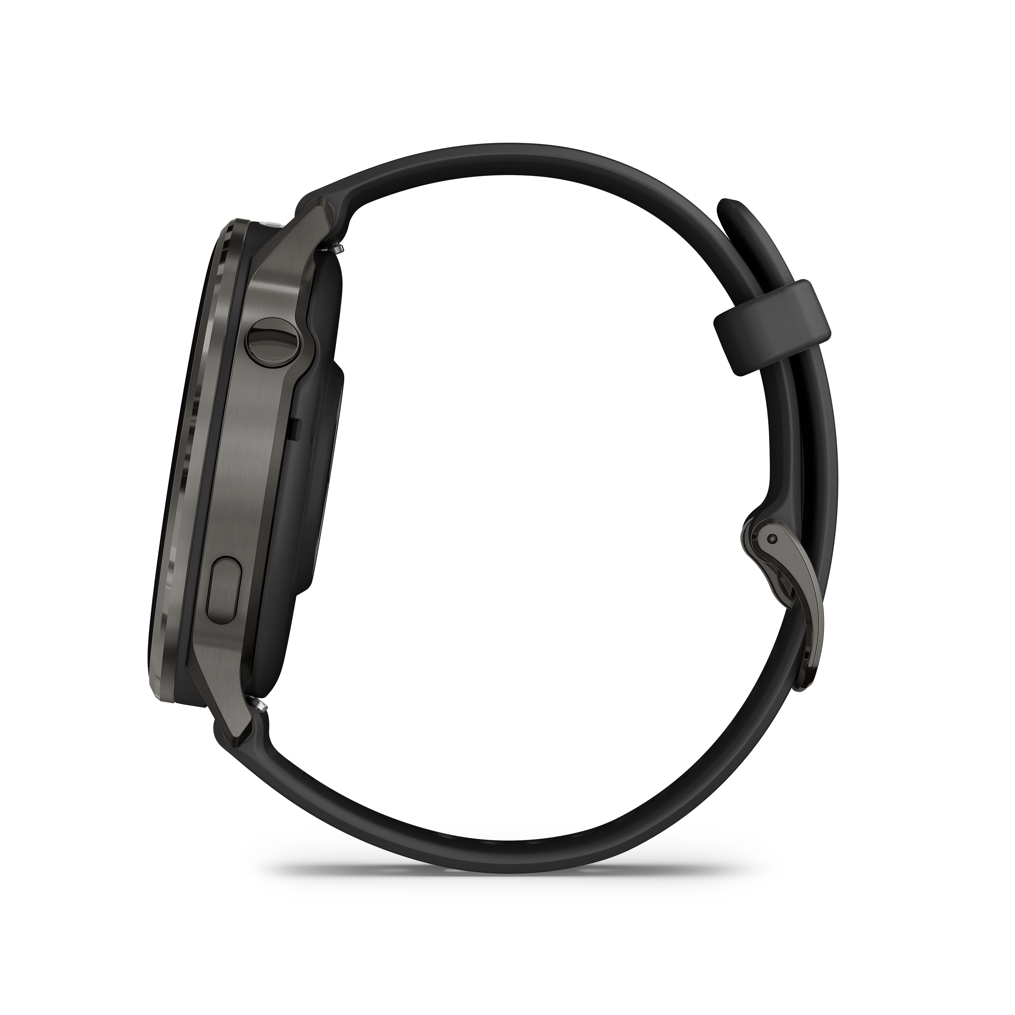 Eine schwarze Smartwatch mit dunkelgrauer Lünette und schwarzem Armband. Die Uhr ist auf weißem Hintergrund. Seitenansicht.