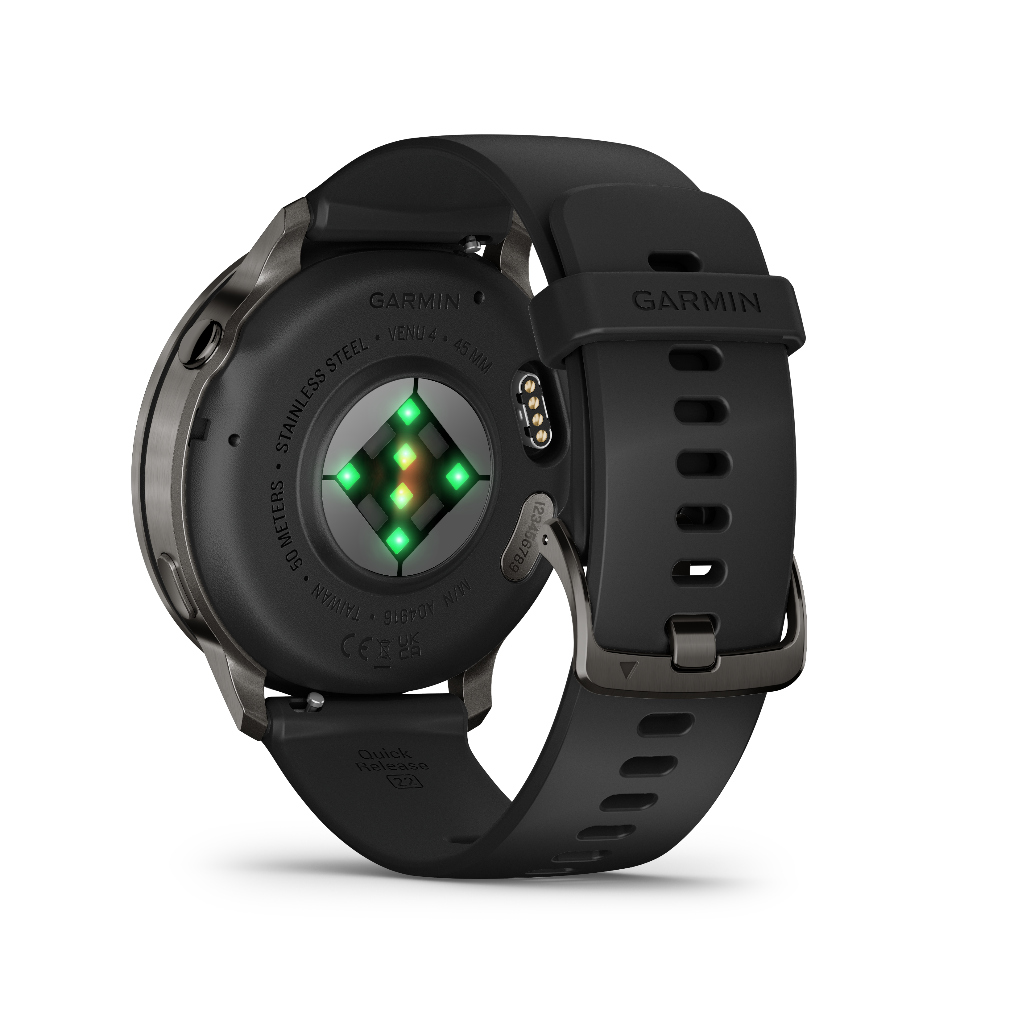 Schwarze Garmin Smartwatch, Lünette aus Edelstahl. Mit Herzfrequenzsensor und schwarzem Silikonarmband.