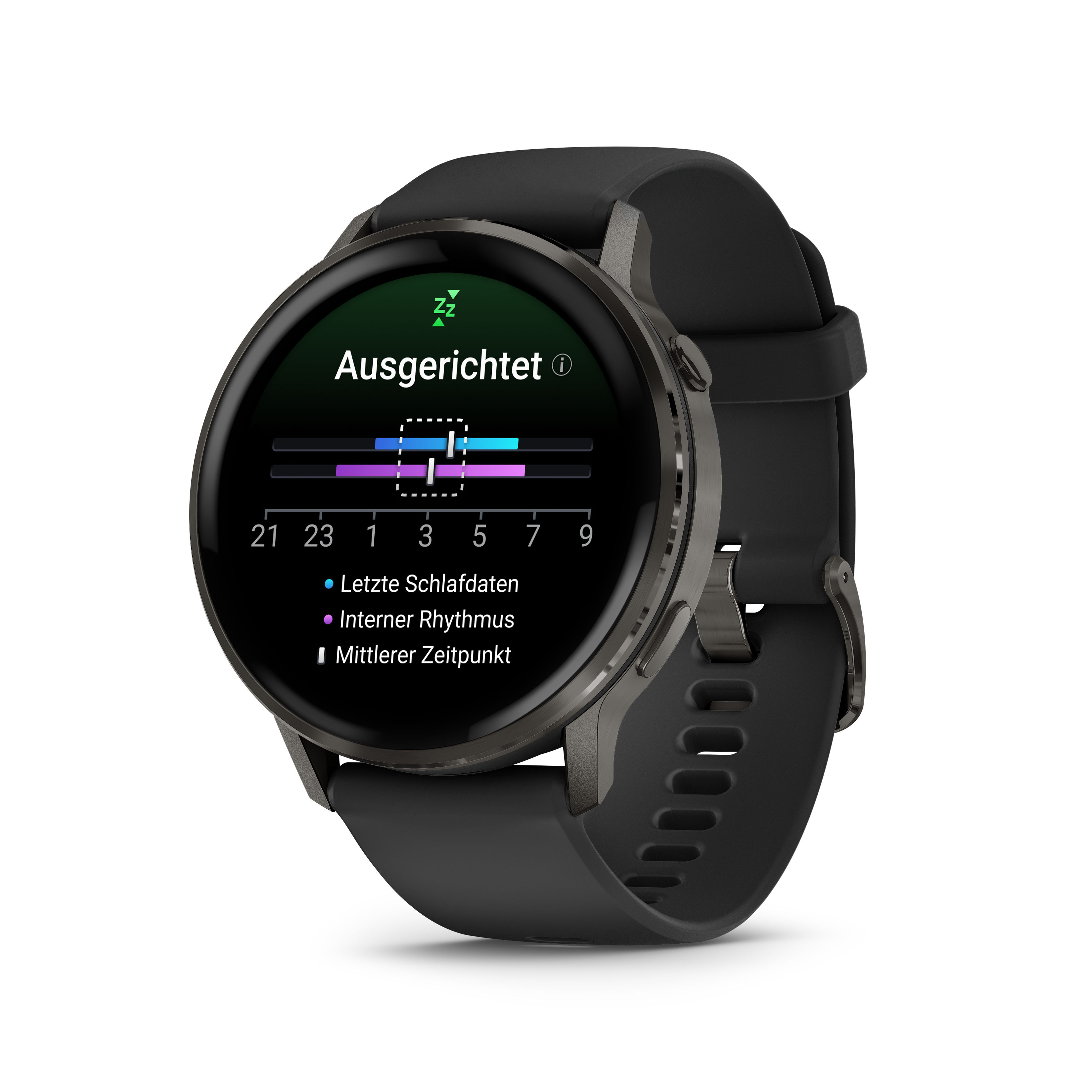 Eine schwarze Smartwatch, die Schlafdaten anzeigt. Der Bildschirm zeigt ein grünes Schlaf-Symbol und das Wort 'Ausgerichtet'.