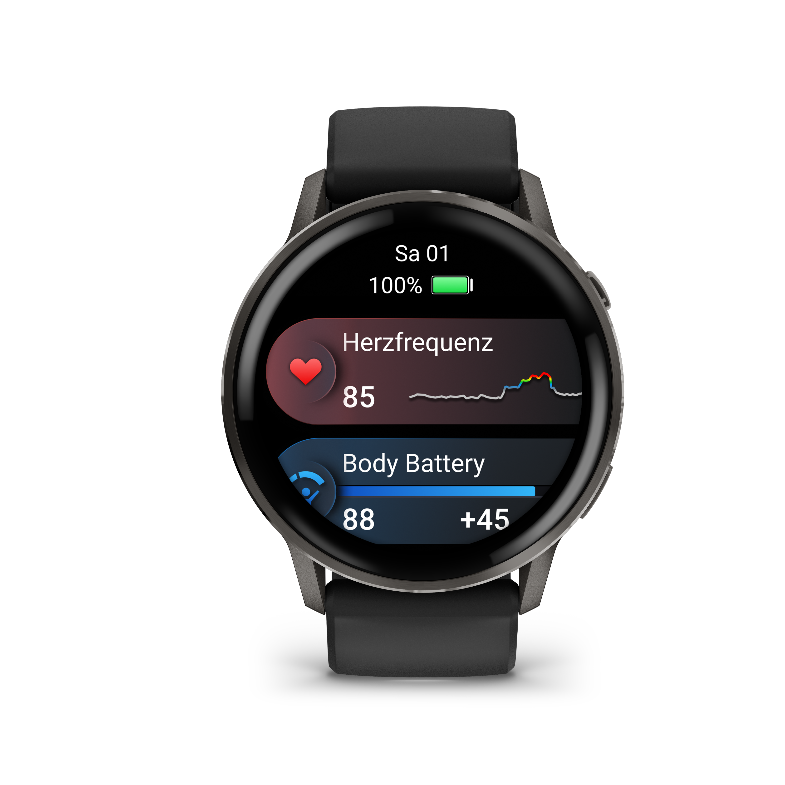 Eine Smartwatch auf schwarzem Hintergrund zeigt Herzfrequenz, Körperbatterie und Uhrzeit an. Der Akku ist 100 % voll.