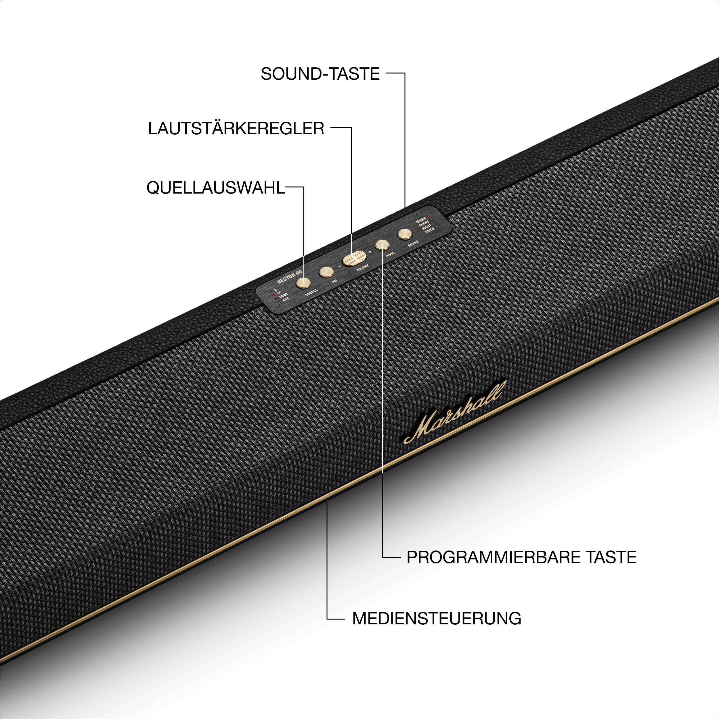 Schwarze Soundbar mit Beschriftungen für Lautstärke, Quelle und Klangeinstellungen. Marshall-Logo.
