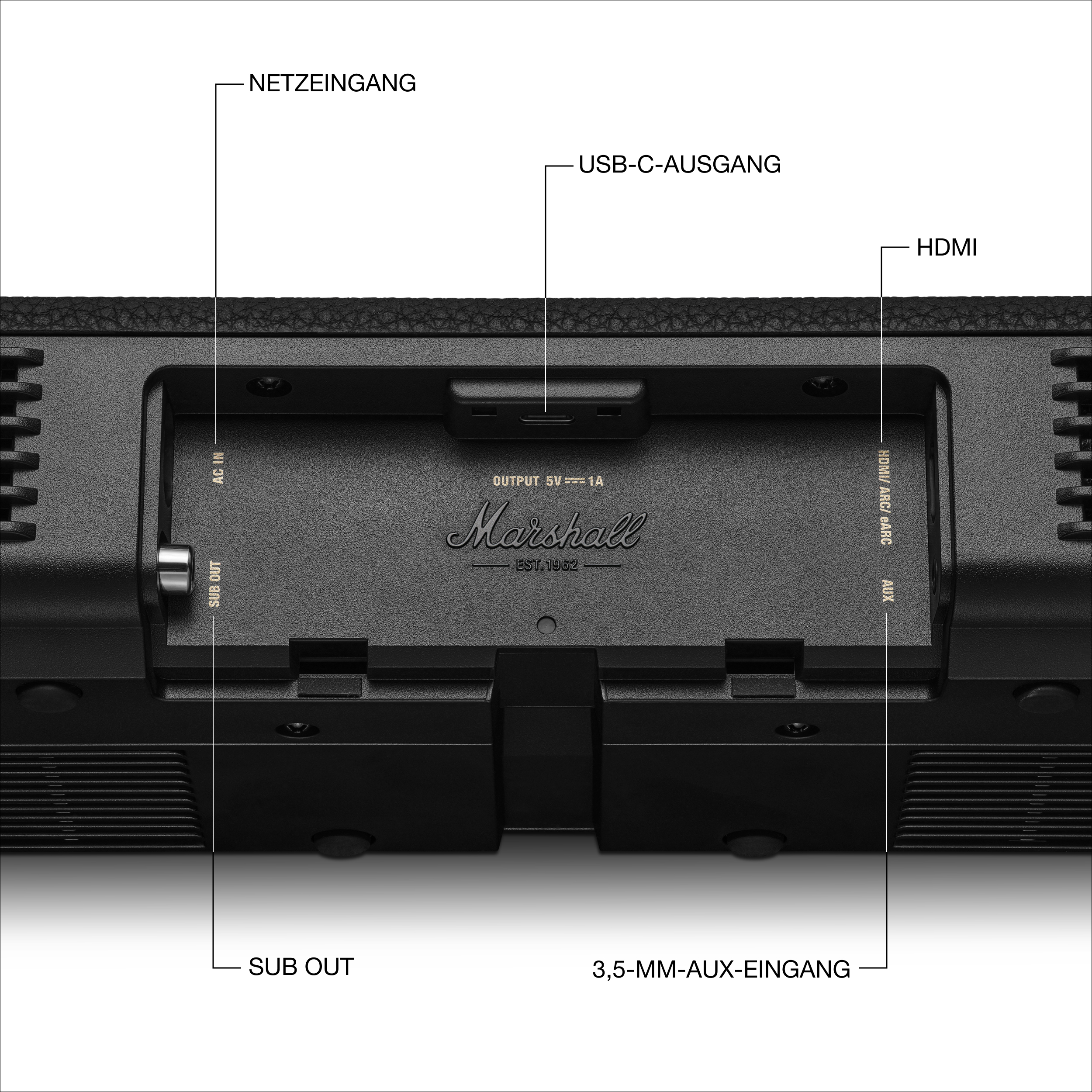 Schwarze Soundbar-Rückseite mit Anschlüssen: AC, Sub Out, USB-C, HDMI, AUX und 3,5-mm-Eingang, Marshall-Logo.