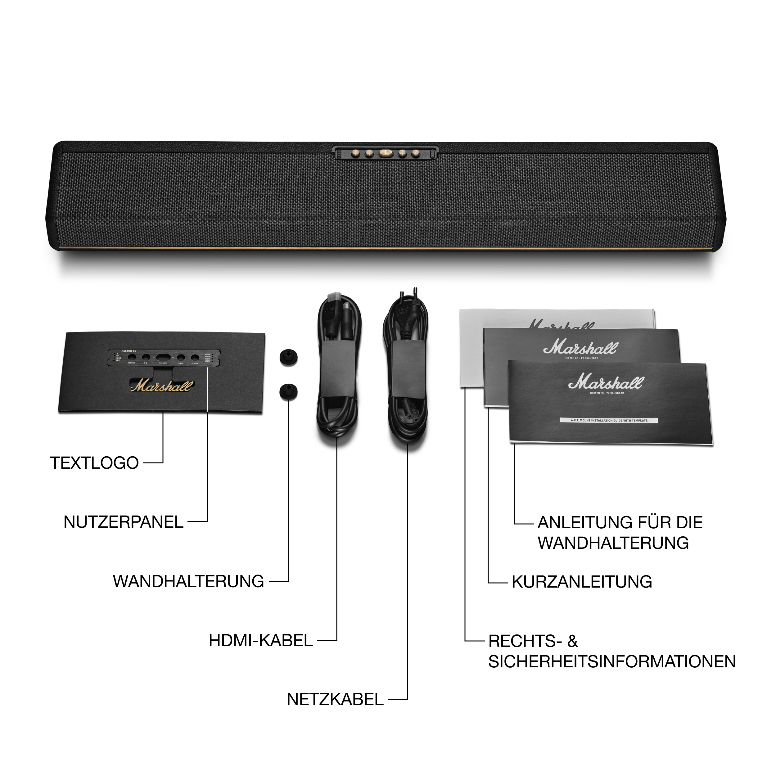 Eine Marshall-Soundbar, Kabel, Handbücher und ein Bedienfeld liegen auf weißem Grund.