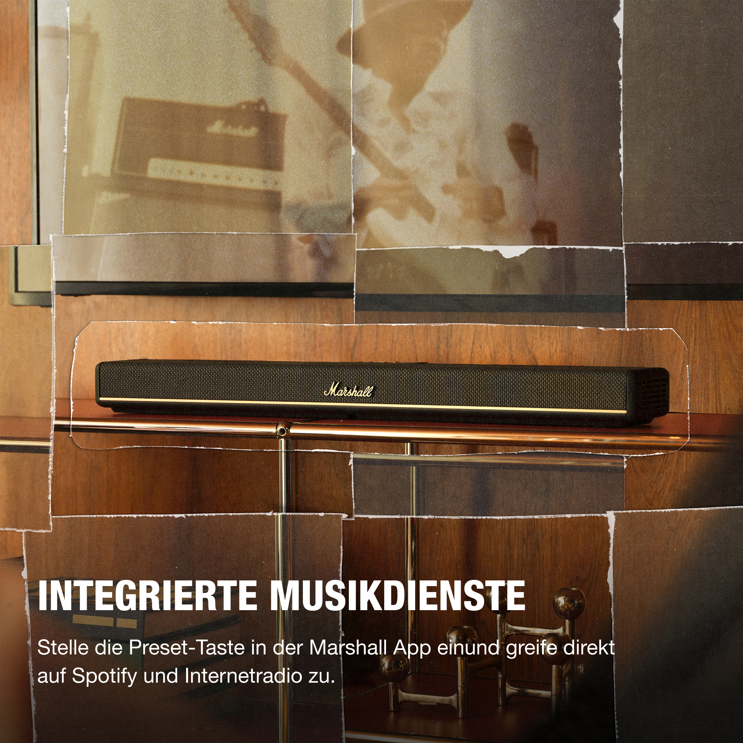 Eine Marshall-Soundbar liegt auf einer Holzoberfläche. Das Bild hat einen Collage-Effekt mit verschiedenen Brauntönen.