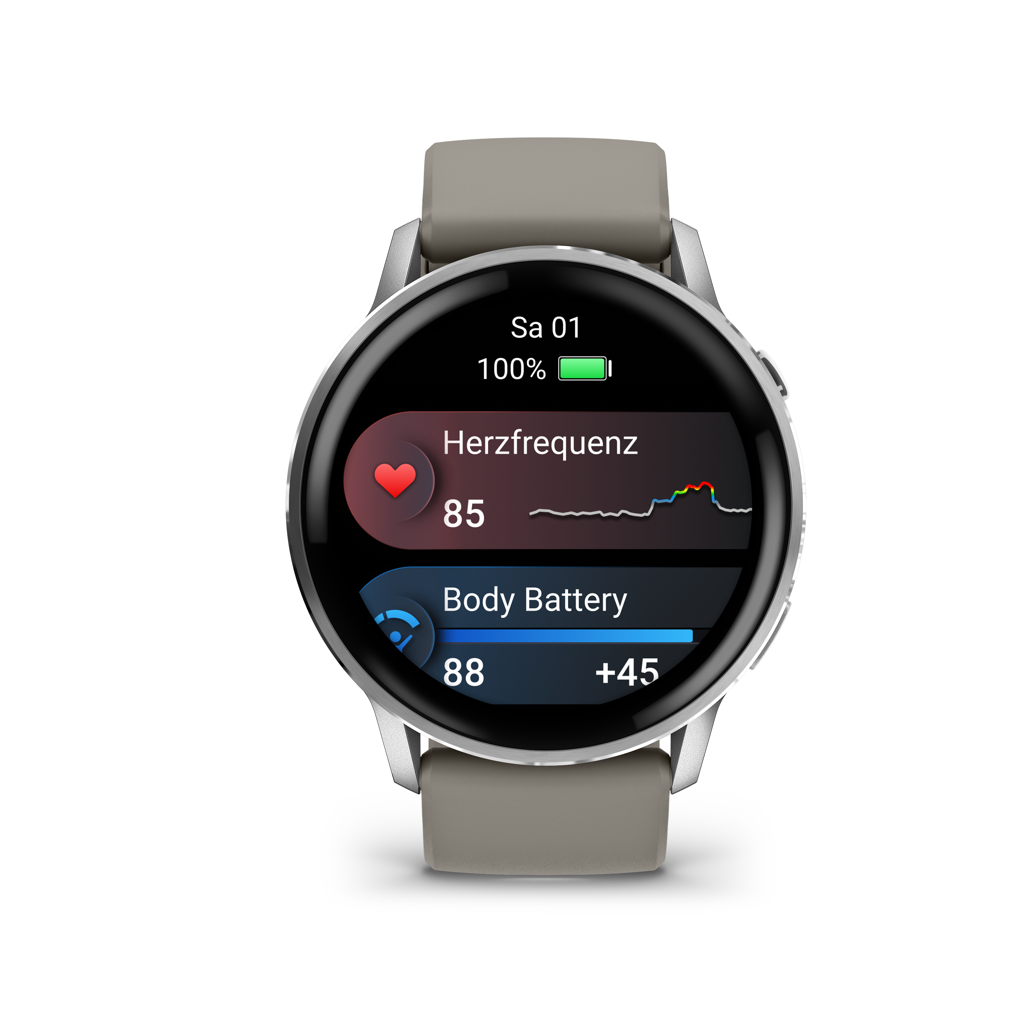 Eine Smartwatch zeigt Gesundheitsmetriken an: Herzfrequenz bei 85, Körperbatterie bei 88 und ein Akkustand von 100%.