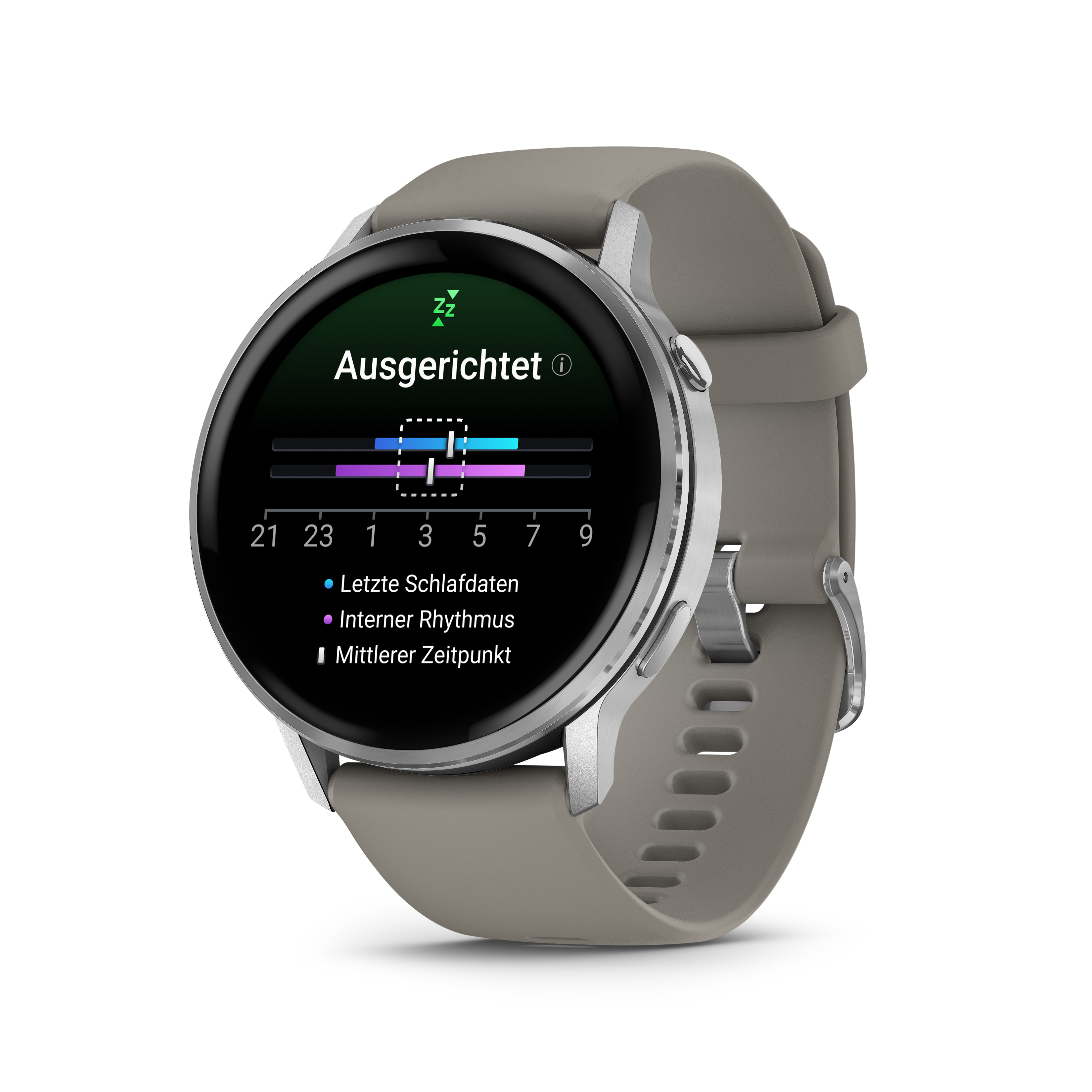 Eine Smartwatch mit grauem Armband zeigt Schlafdaten an. Der Bildschirm zeigt 'Ausgerichtet' und Schlafphasen auf schwarzem Hintergrund.