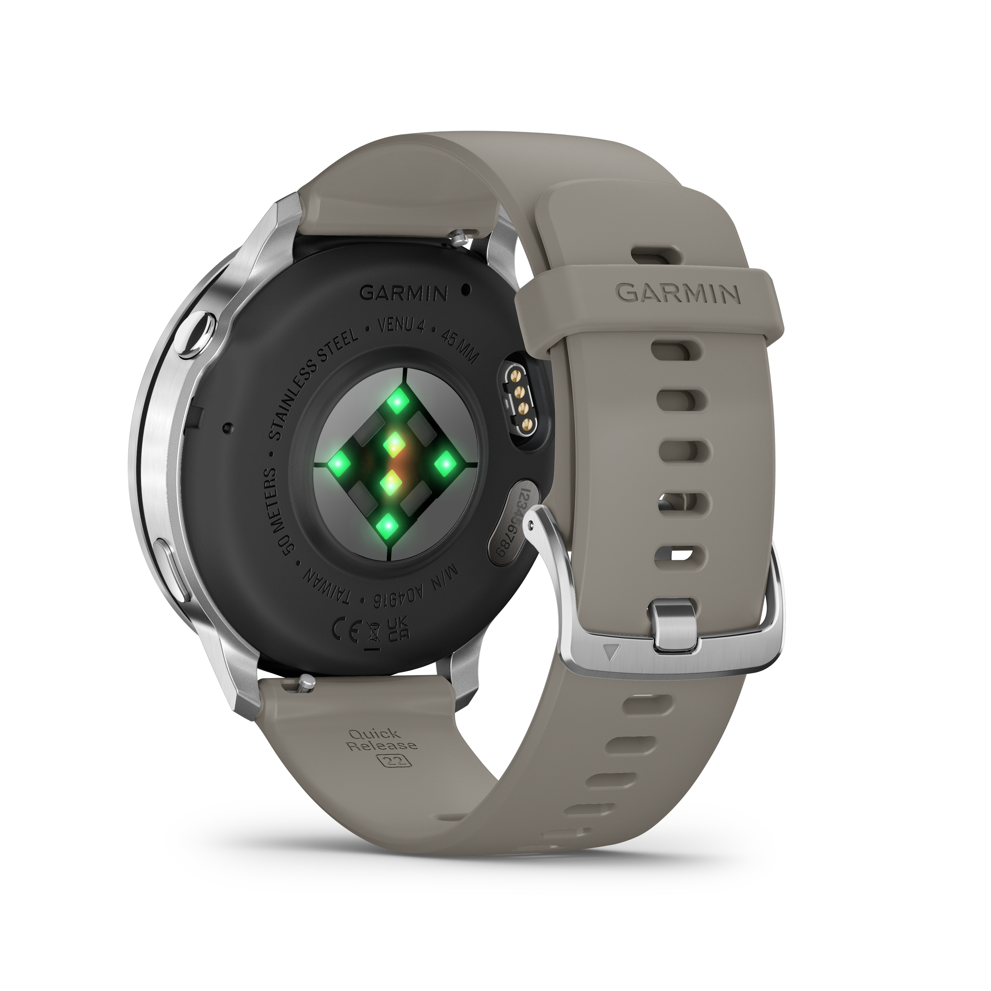 Nahaufnahme einer Garmin Venu 4 Uhr, zeigt die Rückseite mit Sensoren, einem grauen Armband und Edelstahl-Details.