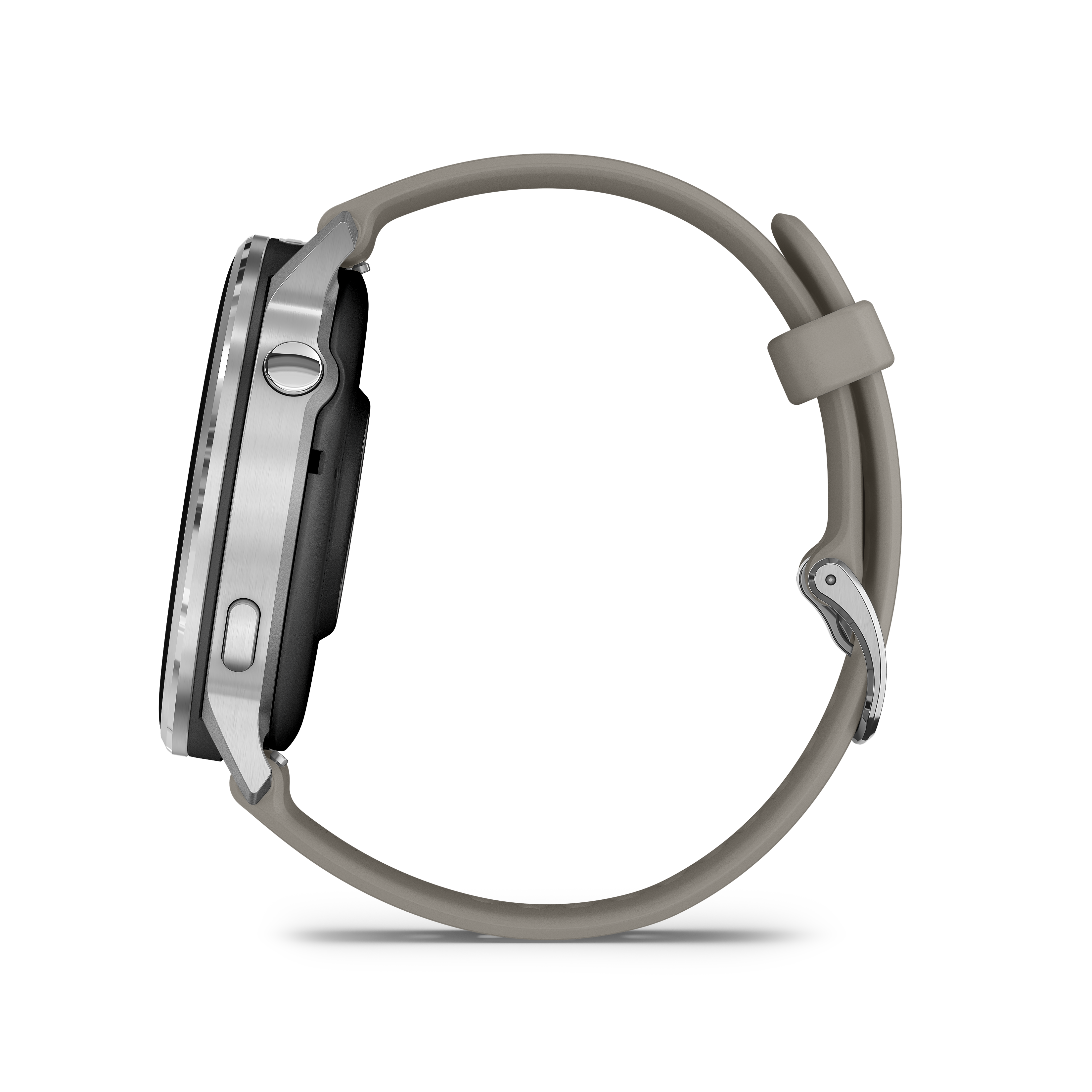 Eine silberne Smartwatch mit grauem Armband wird gezeigt. Die Uhr ist von der Seite zu sehen, mit Knöpfen und einem schwarzen Bildschirm.