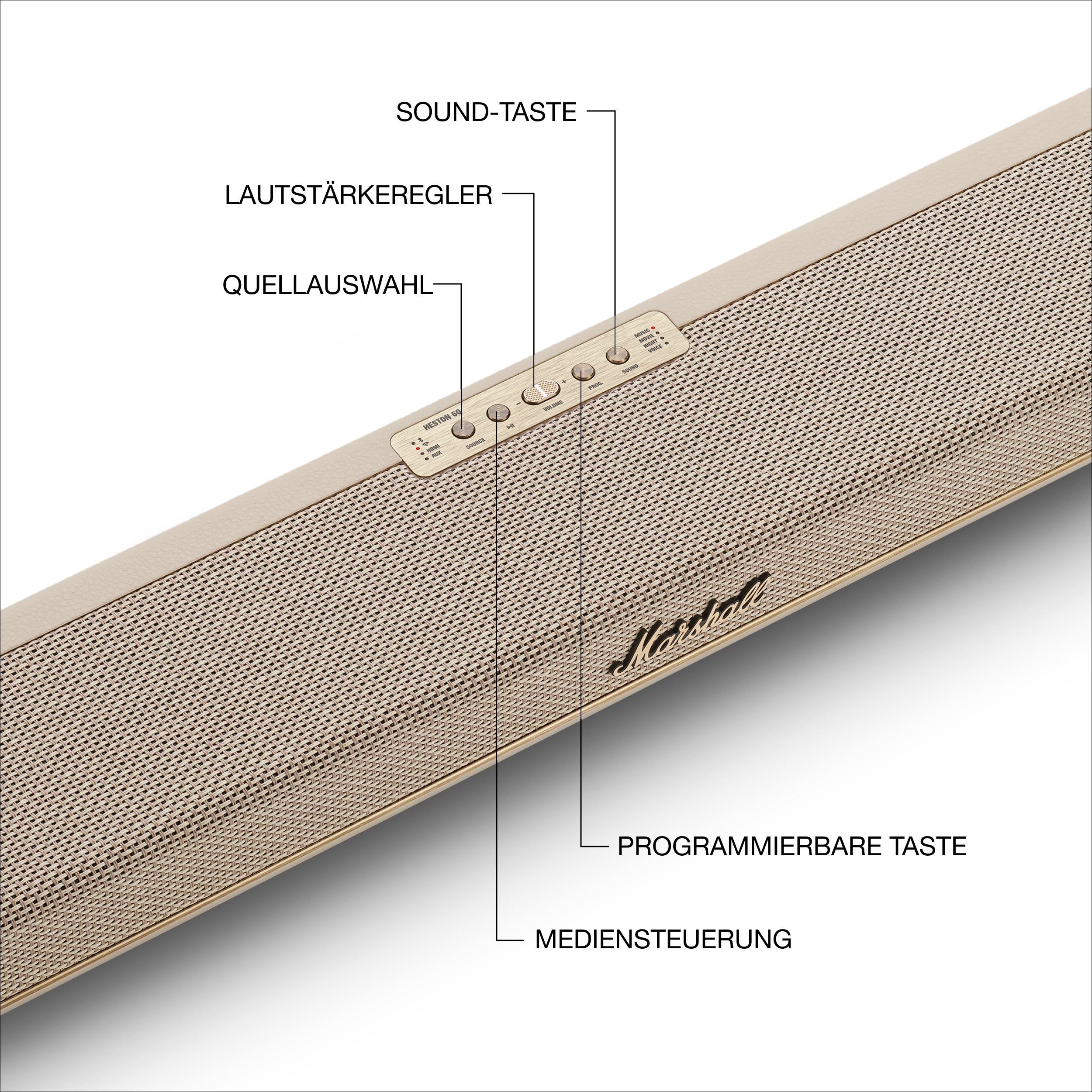 Nahaufnahme eines Lautsprecher-Bedienfelds mit beschrifteten Tasten: Sound, Volume, Source. Der Lautsprecher ist hellbeige.