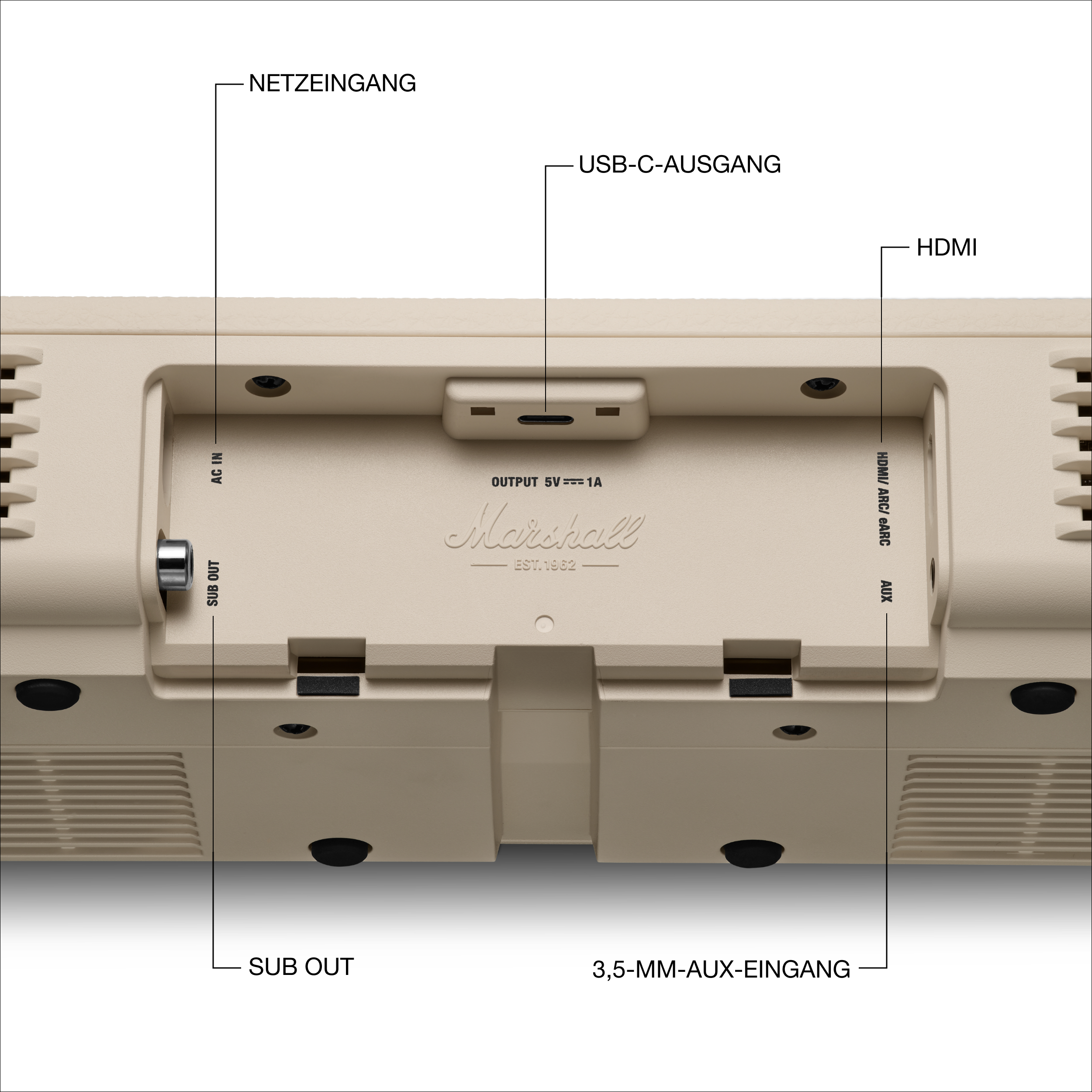 Rückseite einer Marshall Soundbar mit Eingängen/Ausgängen: AC in, USB-C, HDMI, AUX, Sub-Out und 3,5-mm-Aux-Eingang.
