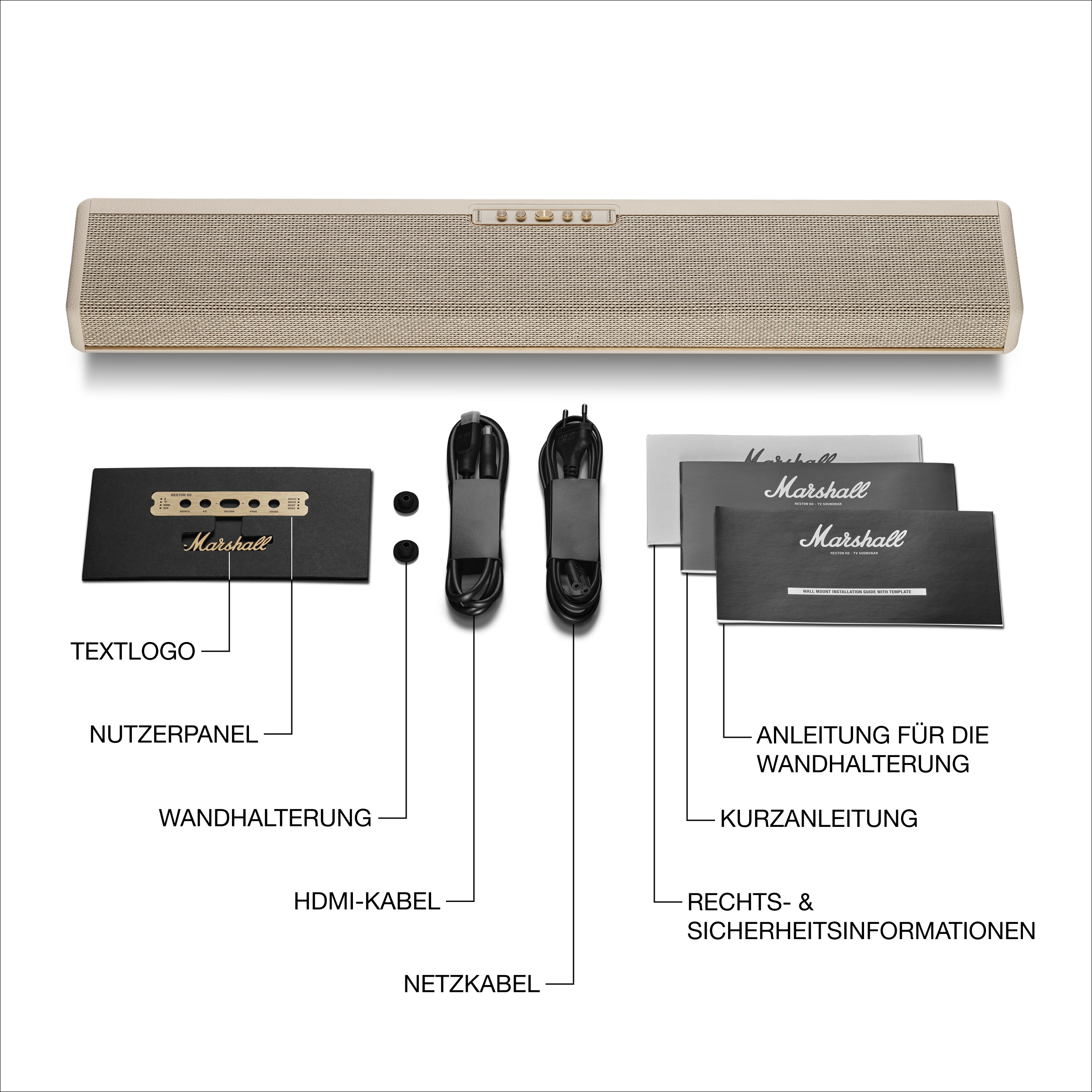 Ein Marshall-Soundbar, Kabel und Handbücher liegen auf einer weißen Oberfläche. Etiketten zeigen auf Teile wie HDMI-Kabel.