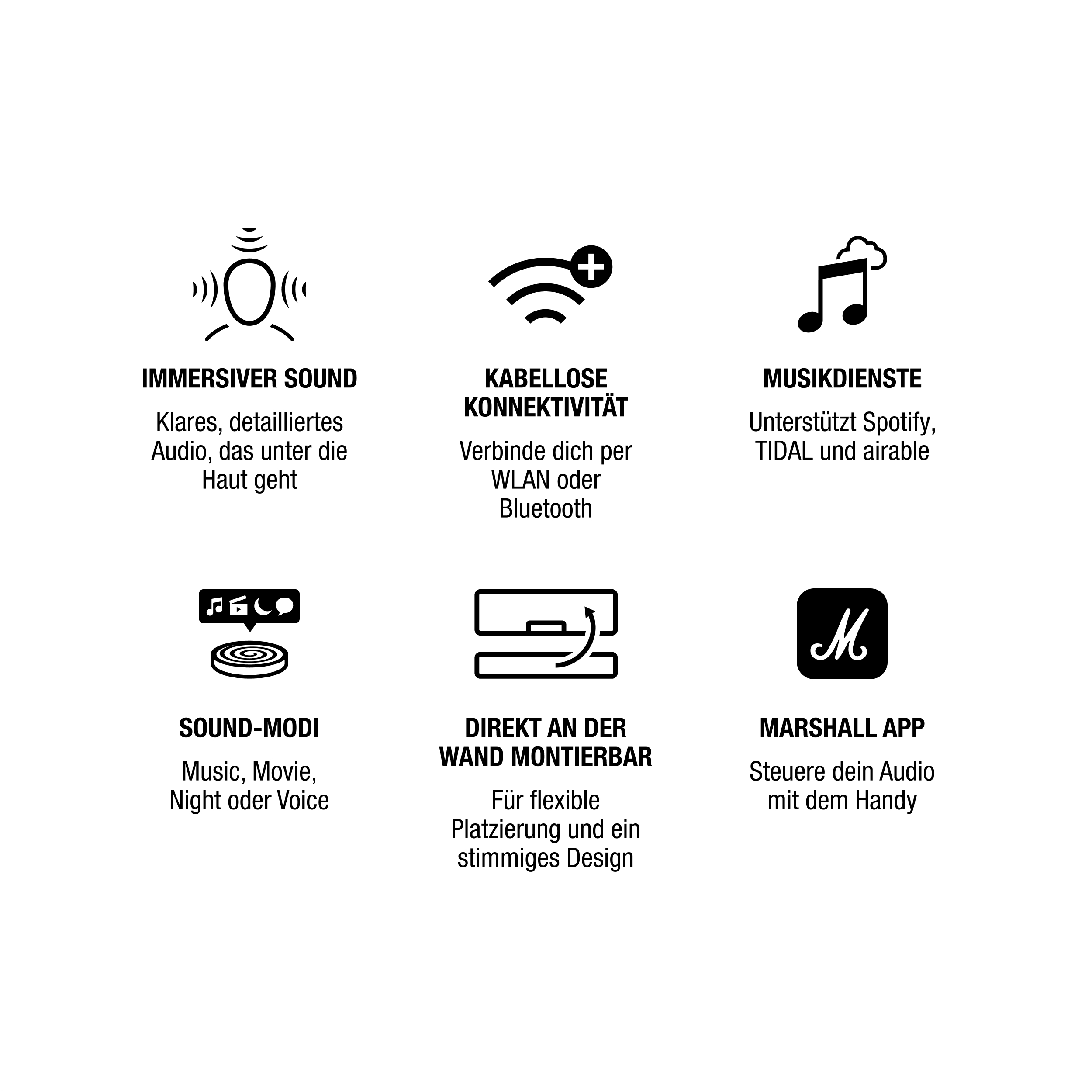 Weißer Hintergrund mit schwarzen Symbolen und Text. Beschreibt immersiven Sound, Konnektivität, Musikdienste, Soundmodi und die Marshall-App.