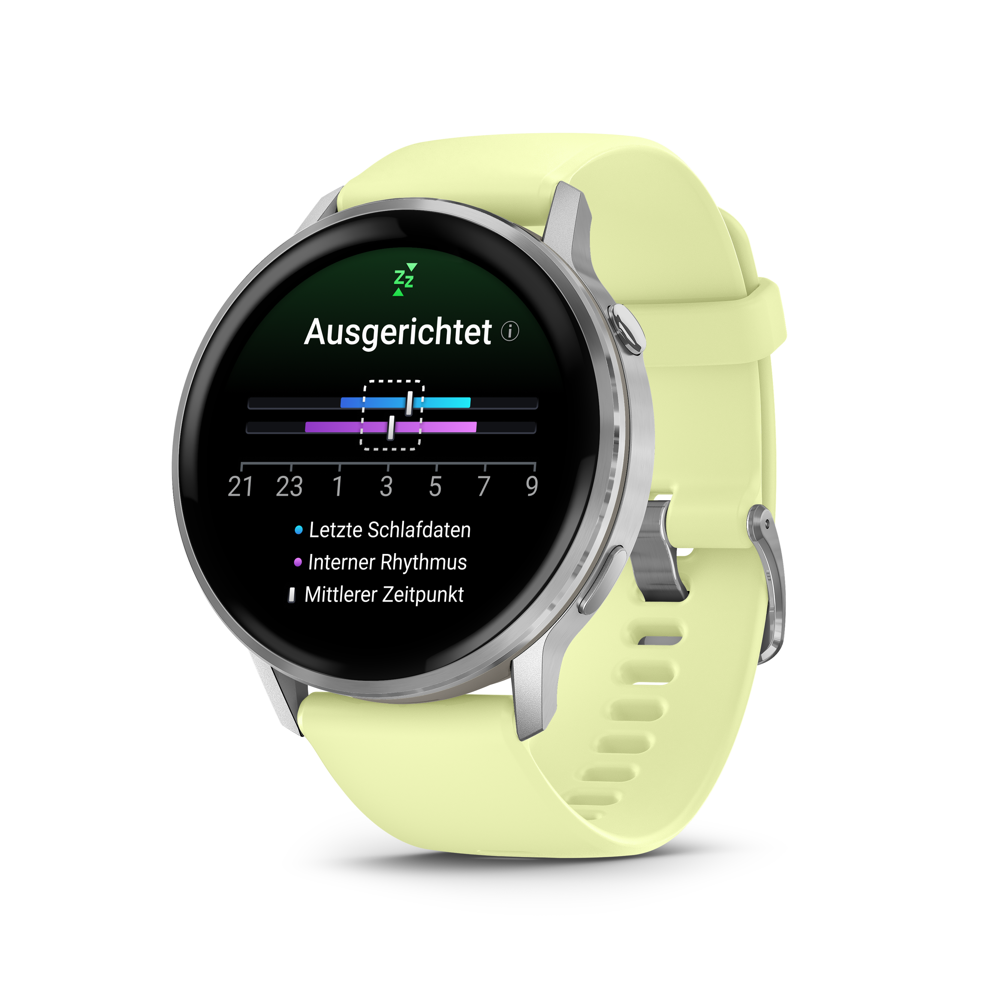 Eine Smartwatch zeigt Schlafdaten an. Die Uhr ist hellgelb mit silbernem Rahmen. Der Bildschirm zeigt Schlafanalyse.