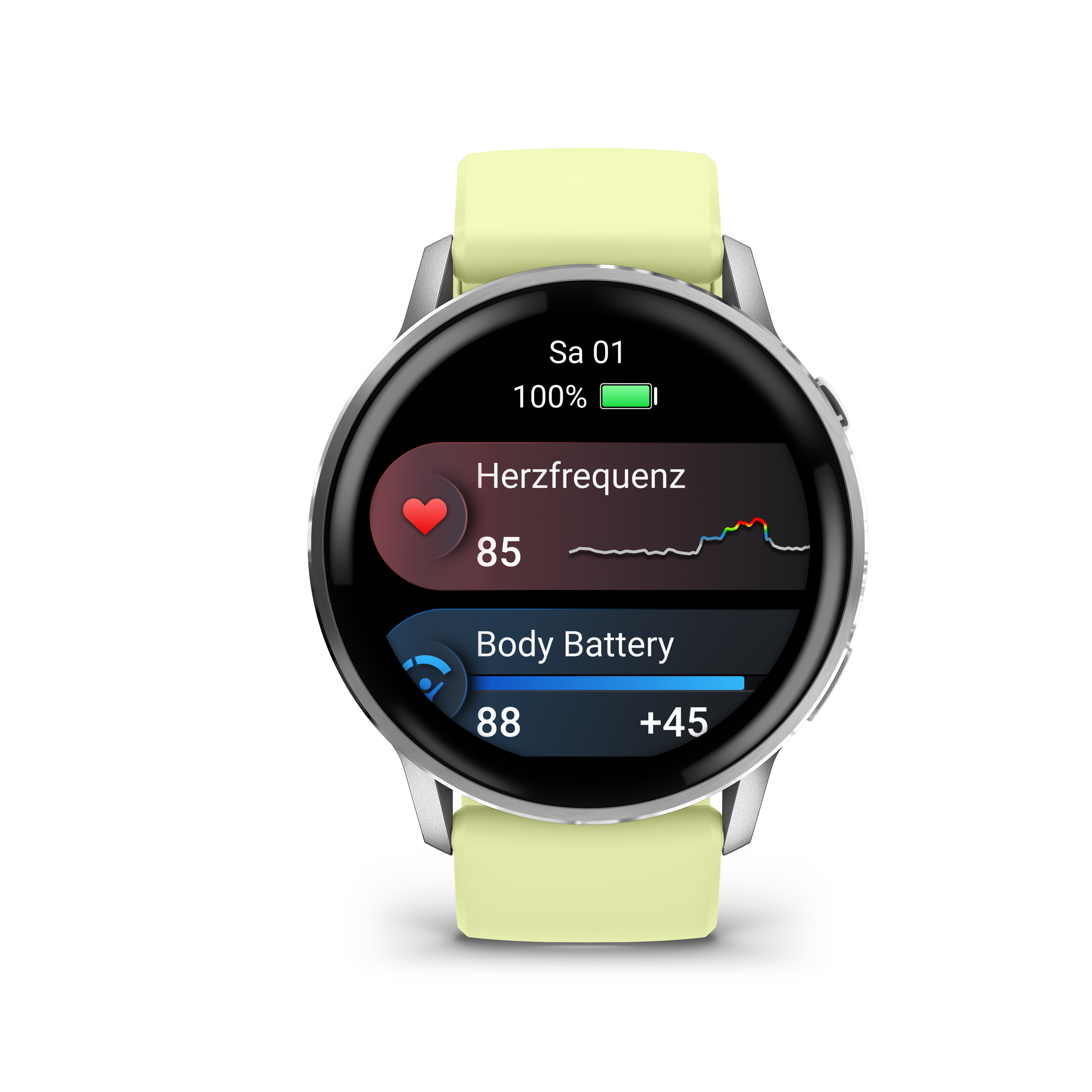 Eine Smartwatch auf schwarzem Hintergrund zeigt Herzfrequenz- und Körperbatterie-Metriken an. Die Uhr hat ein hellgrünes Armband.