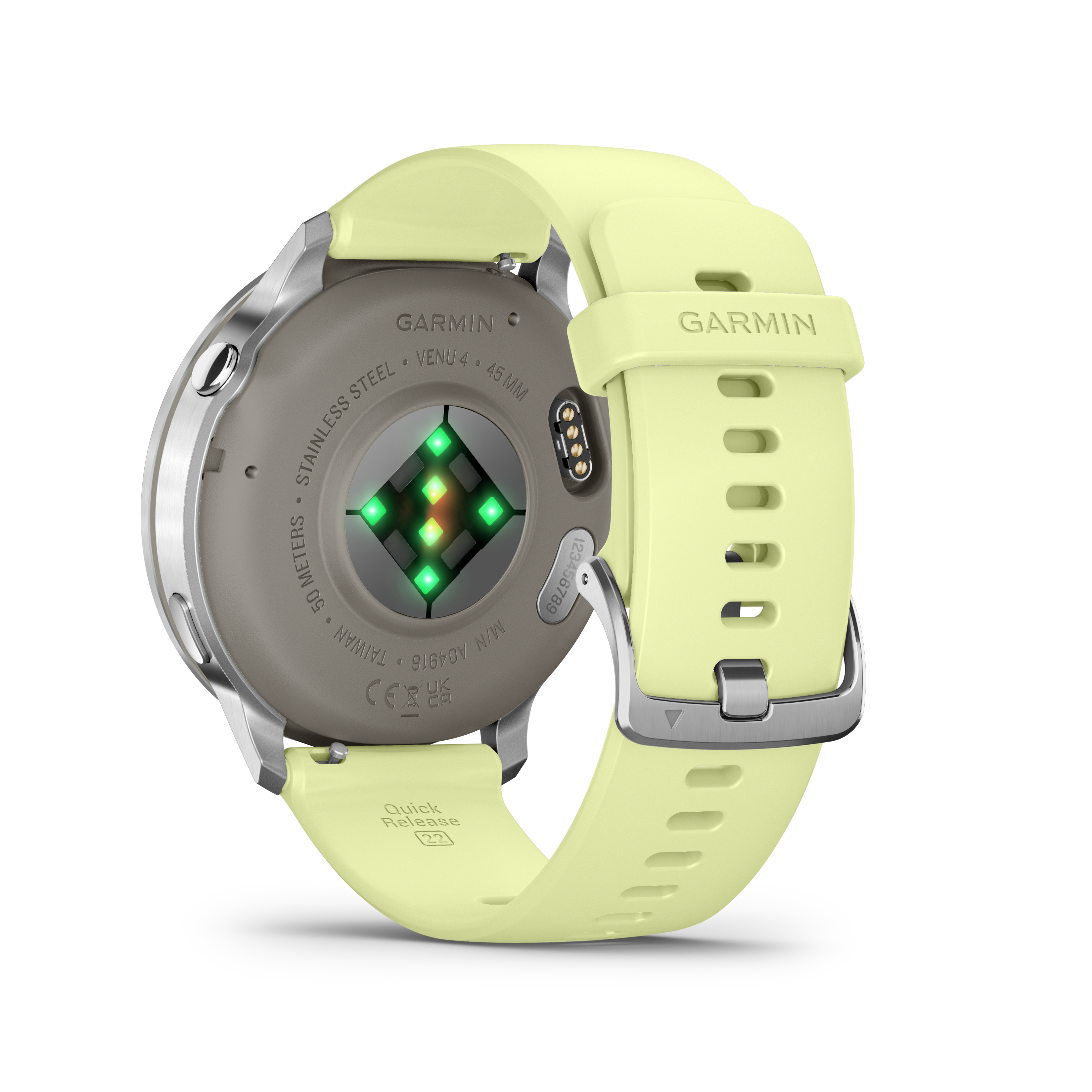 Rückansicht einer Garmin Venu 4 Smartwatch. Sie hat ein hellgrünes Armband und ein graues Zifferblatt mit Herzfrequenzsensor.
