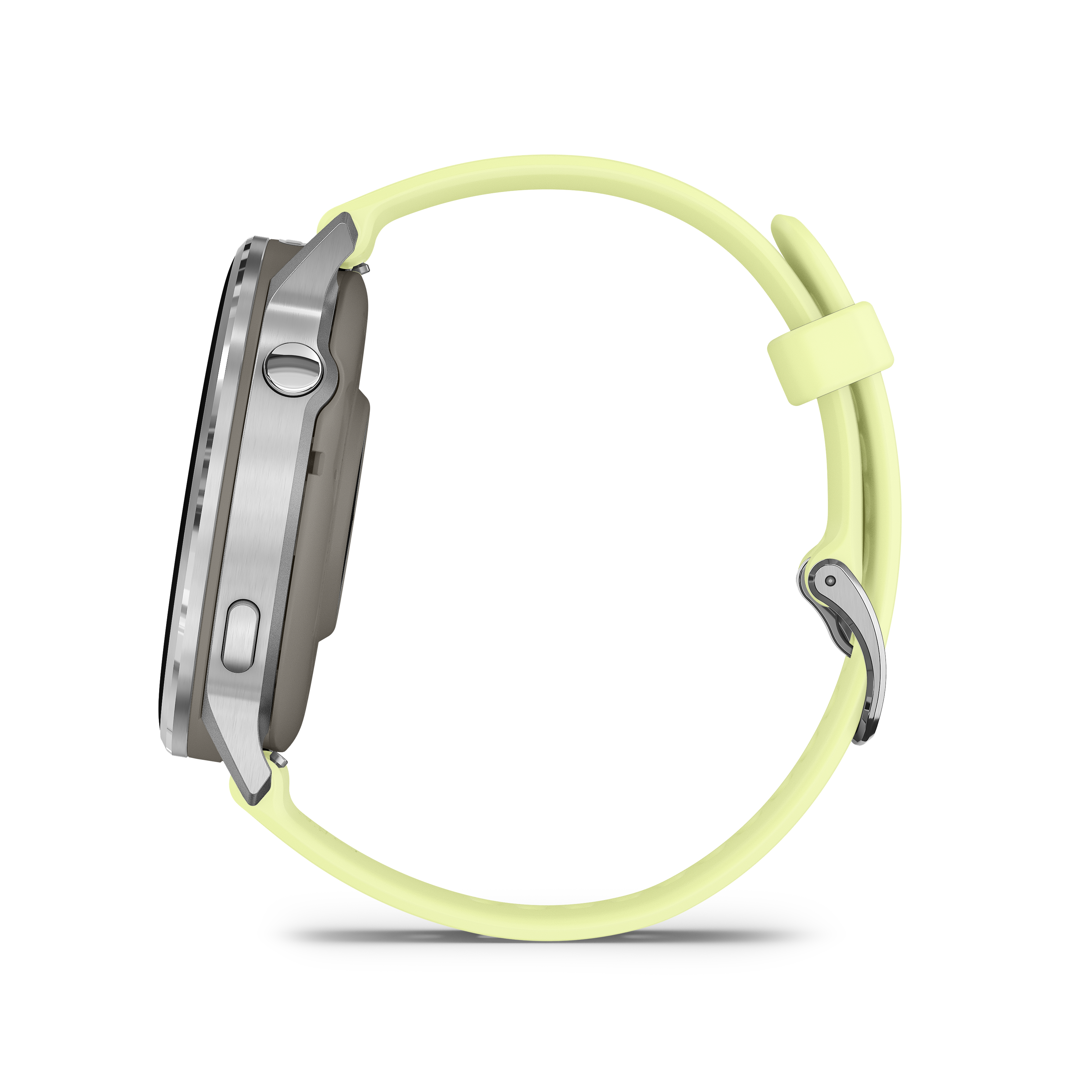 Eine Smartwatch mit hellgrünem Armband. Das Gehäuse der Uhr ist silberfarben. Der Hintergrund ist weiß mit olivgrünen Formen.
