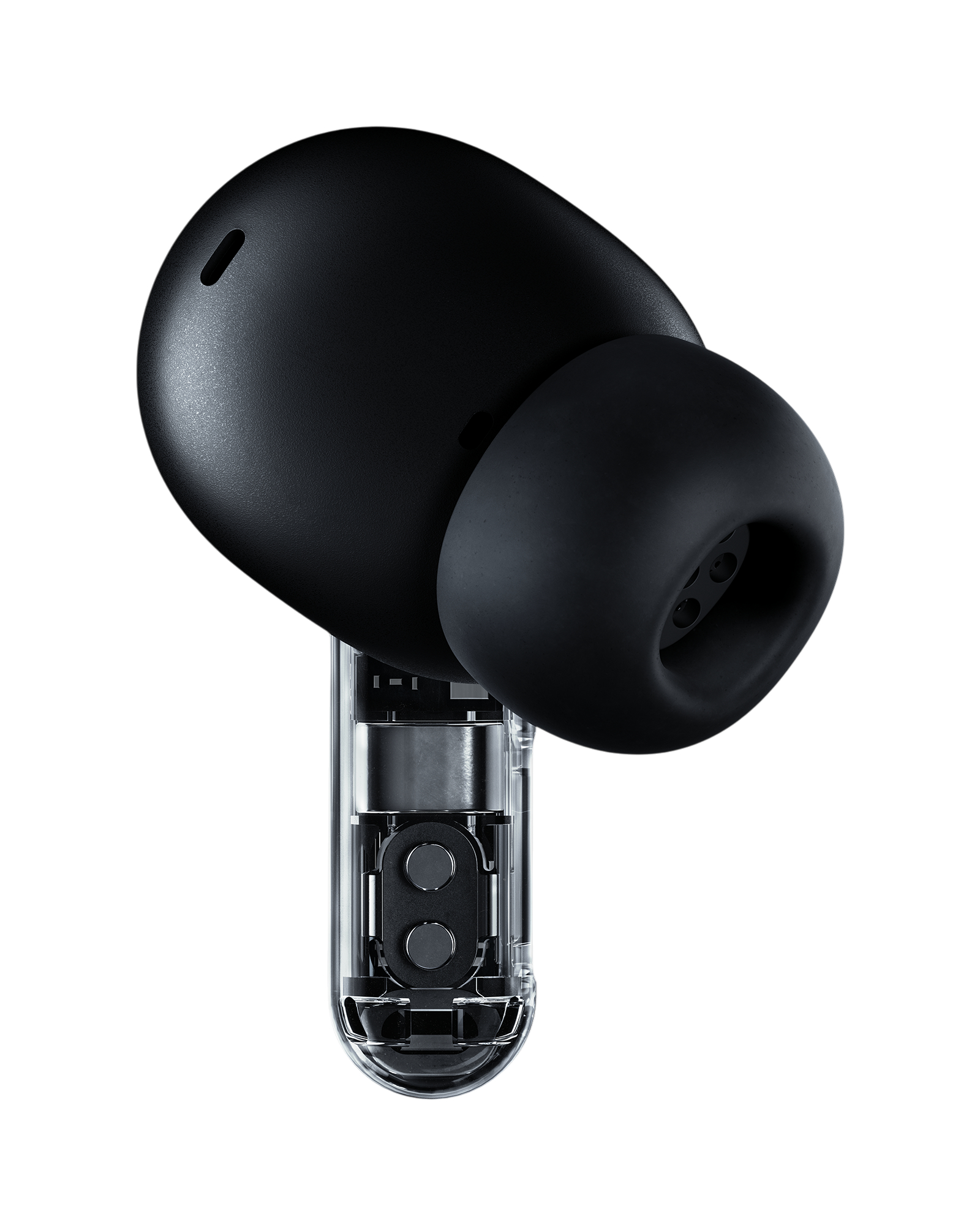 Ein schwarzer Ohrhörer mit transparentem Stiel wird gezeigt. Der Ohrhörer befindet sich vor einem weißen Hintergrund. Das Detail ist sehr hoch.