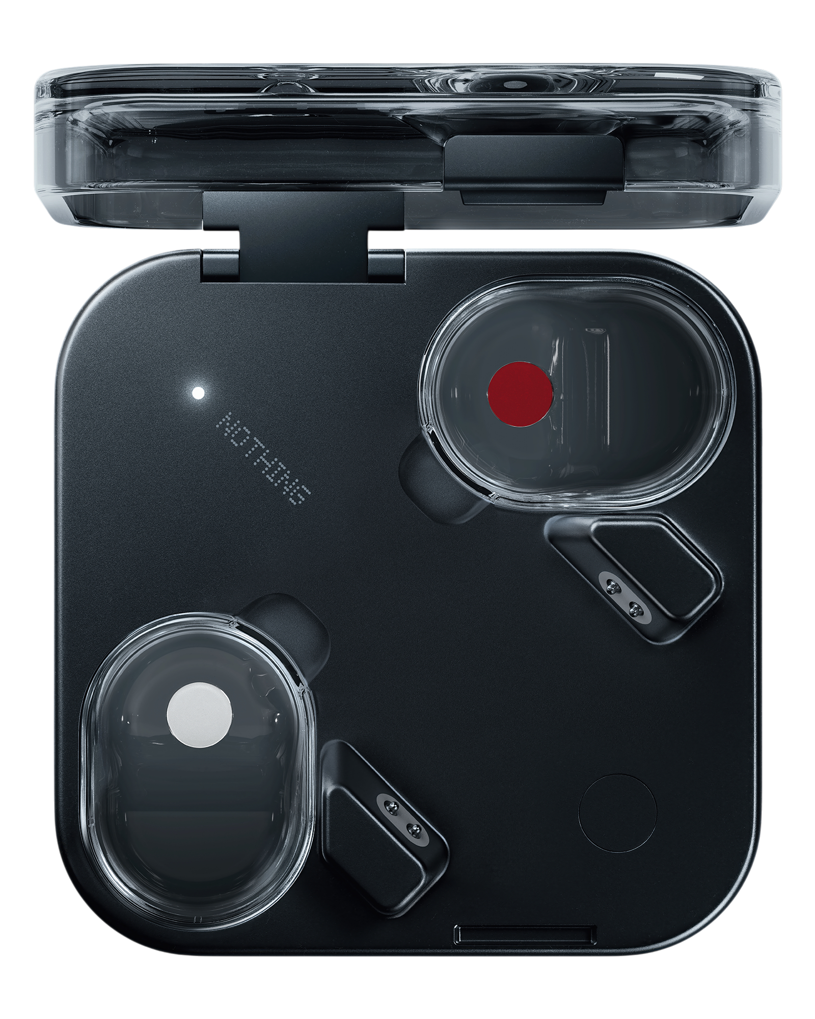 Draufsicht auf ein schwarzes Kopfhörer-Etui mit transparentem Deckel. Zwei Ohrhörer sind sichtbar. Ein roter und ein weißer Kreis.