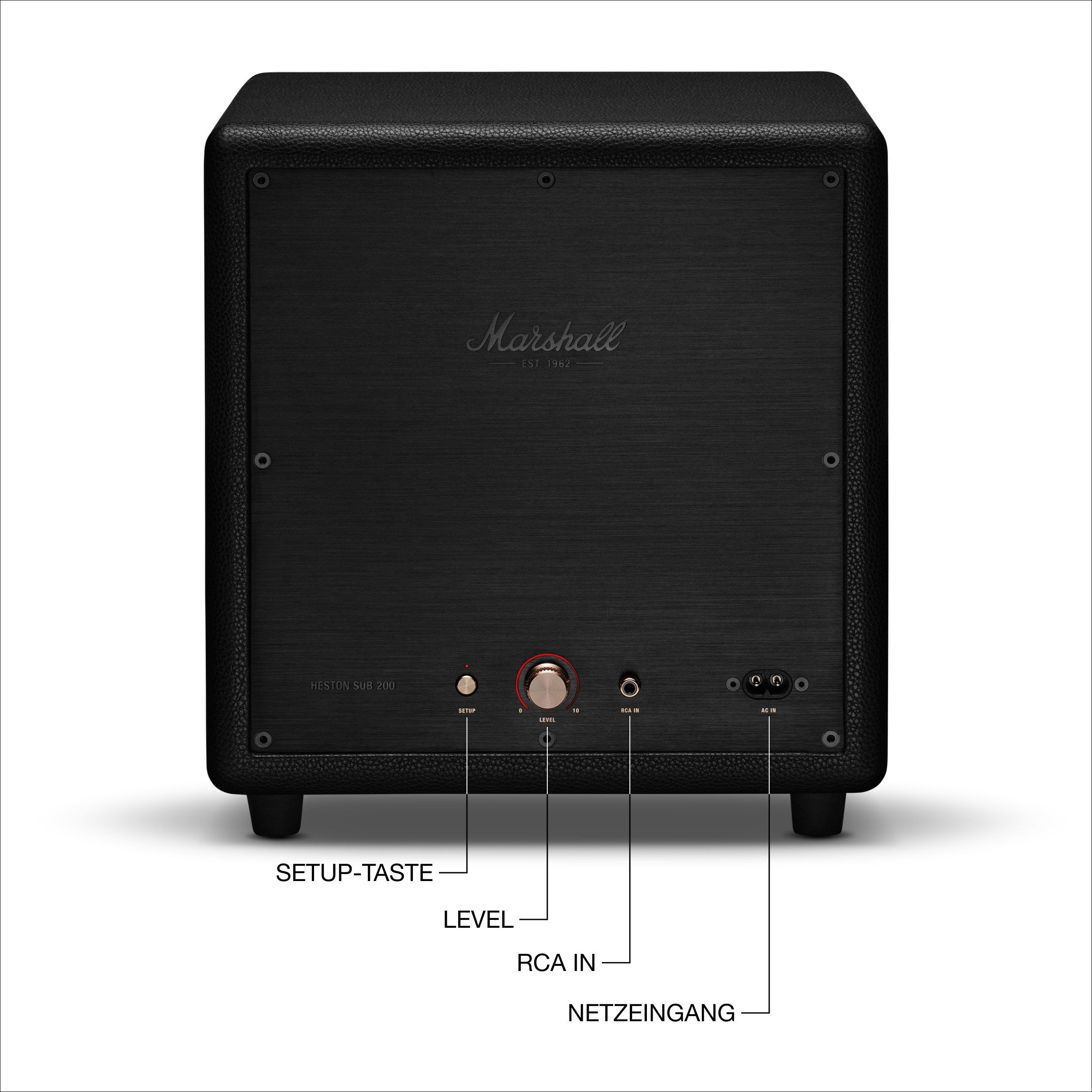 Schwarzes Marshall HESTON SUB 200 Subwoofer-Rückwand mit Bedienelementen wie Level, RCA-Eingang und AC-Eingang.